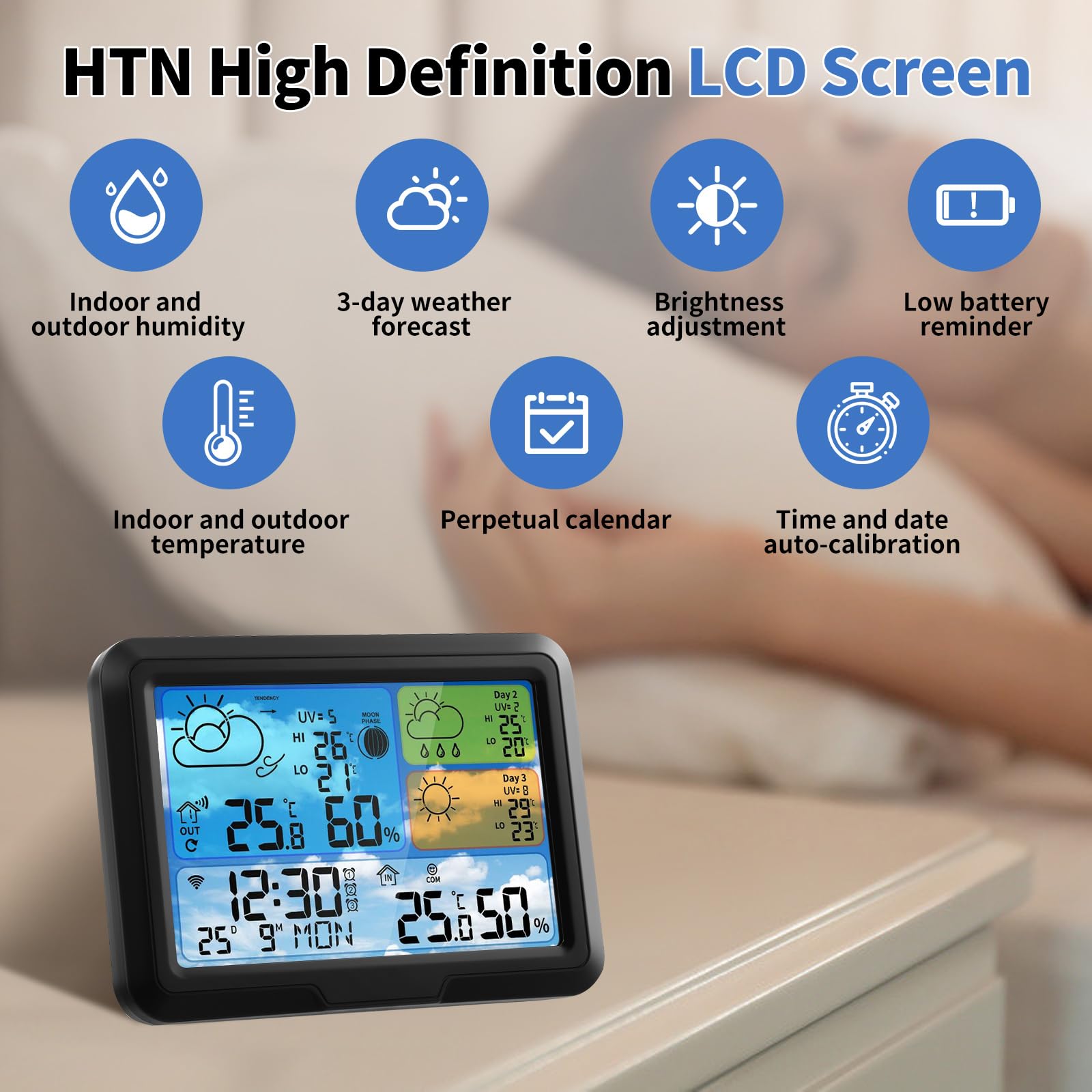 Stazione Meteo Wi-Fi con Sensore Esterno Tuya Smartlife Allarme Sveglia Schermo LCD Colorato Previsioni Meteorologiche Wireless Bianco