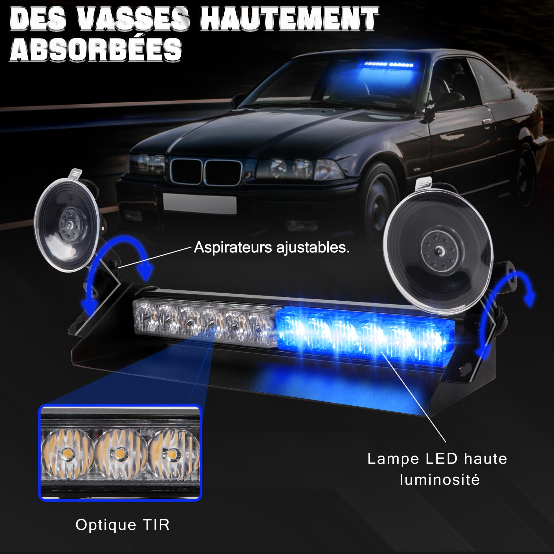 Gyrophare LED Bleu 35,6 cm 12V-24V, 12 LED, 9 Modes IP65 | Fixation par ventouse sur pare-brise, adaptée aux tracteurs, chariots élévateurs, camions et voitures, idéale par pluie