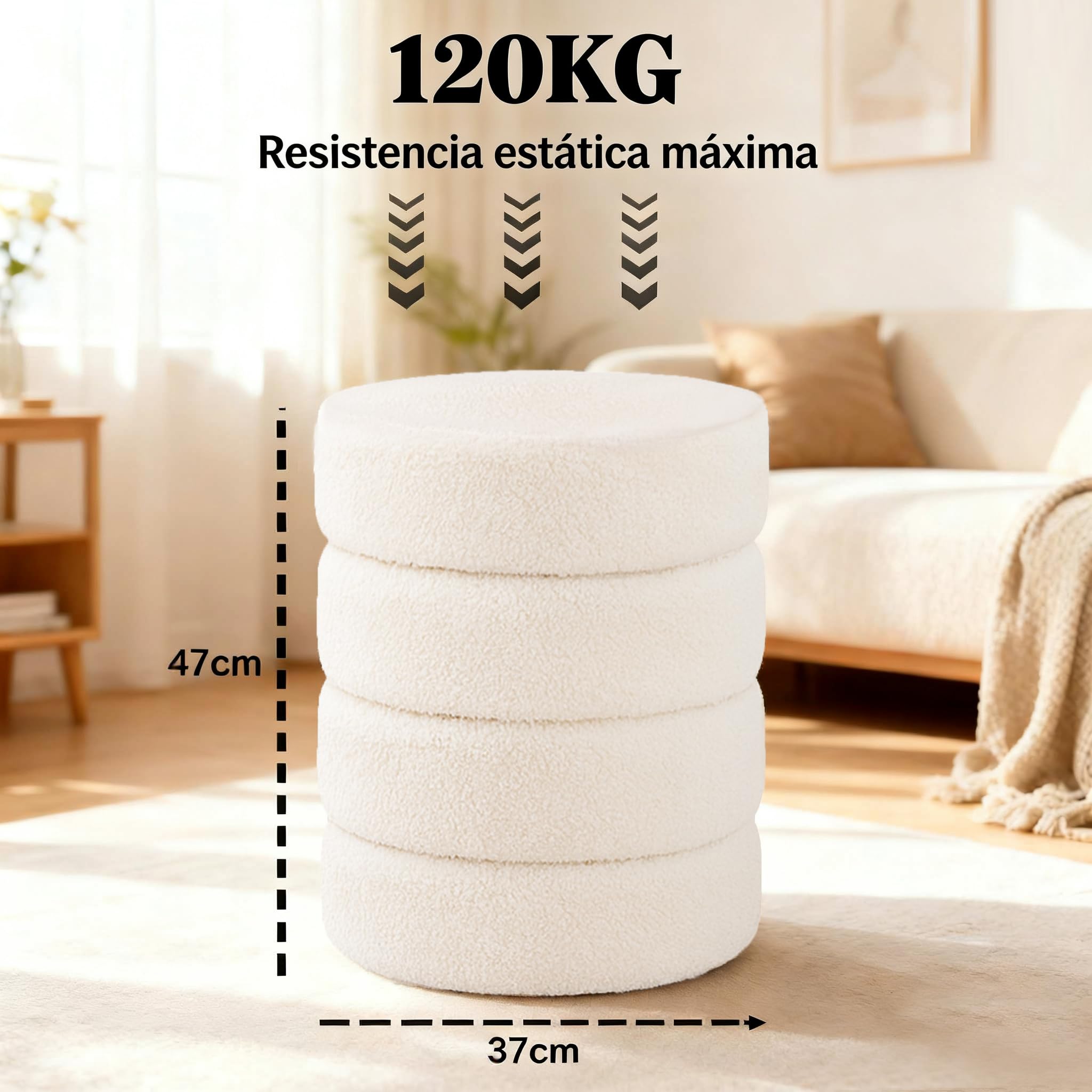 Taburete Redondo de Bouclé Blanco con Almacenaje y Tapa Reversible – Puff Multifuncional para Tocador, Salón, Dormitorio y Habitación Infantil