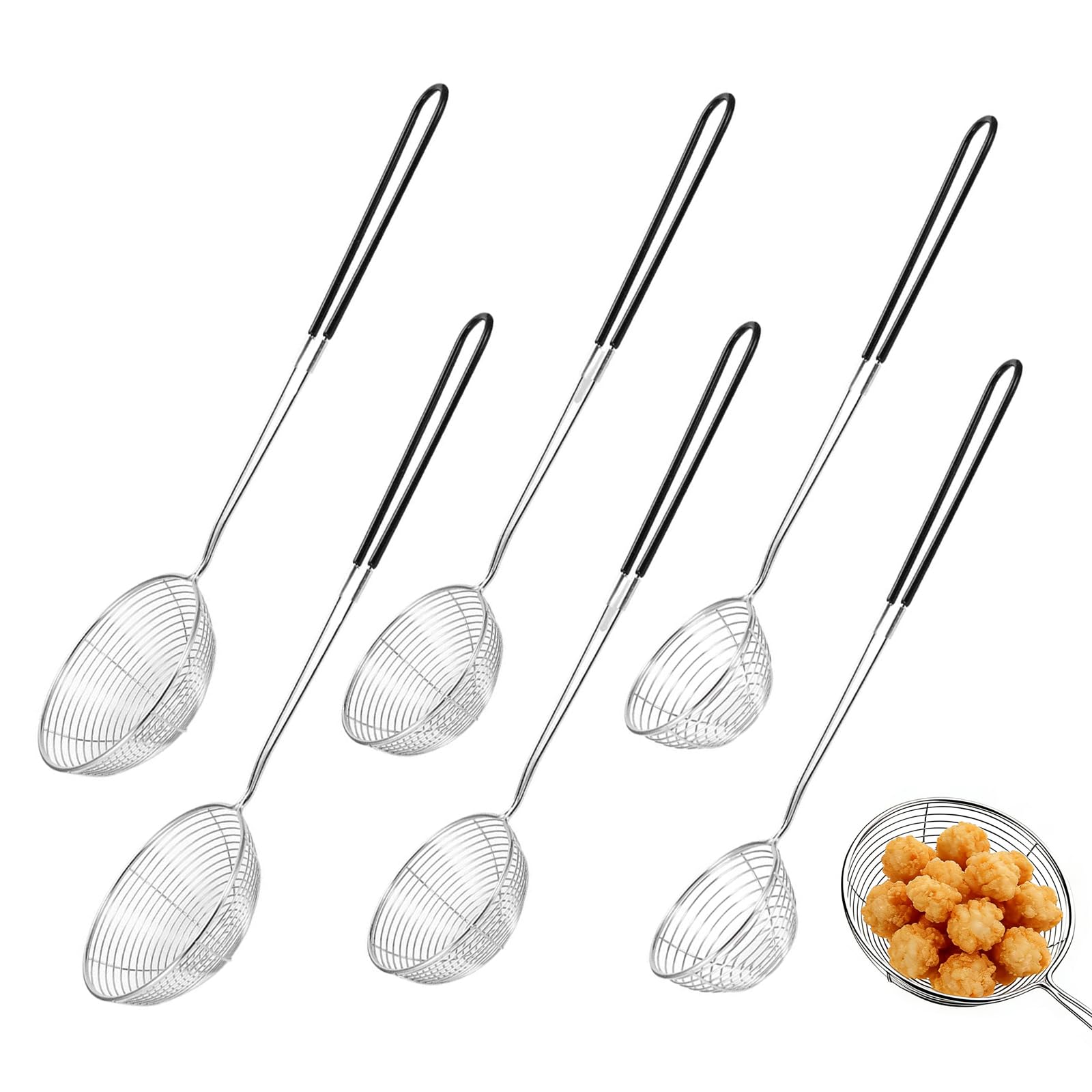 Zestaw 6 łyżek cedzakowych ze stali nierdzewnej – 28 cm, 29 cm, 31,5 cm – trwałe łyżki cedzakowe i sitko do fondue z długą rączką, nadają się do mycia w zmywarce, do fondue, smażenia i gotowania