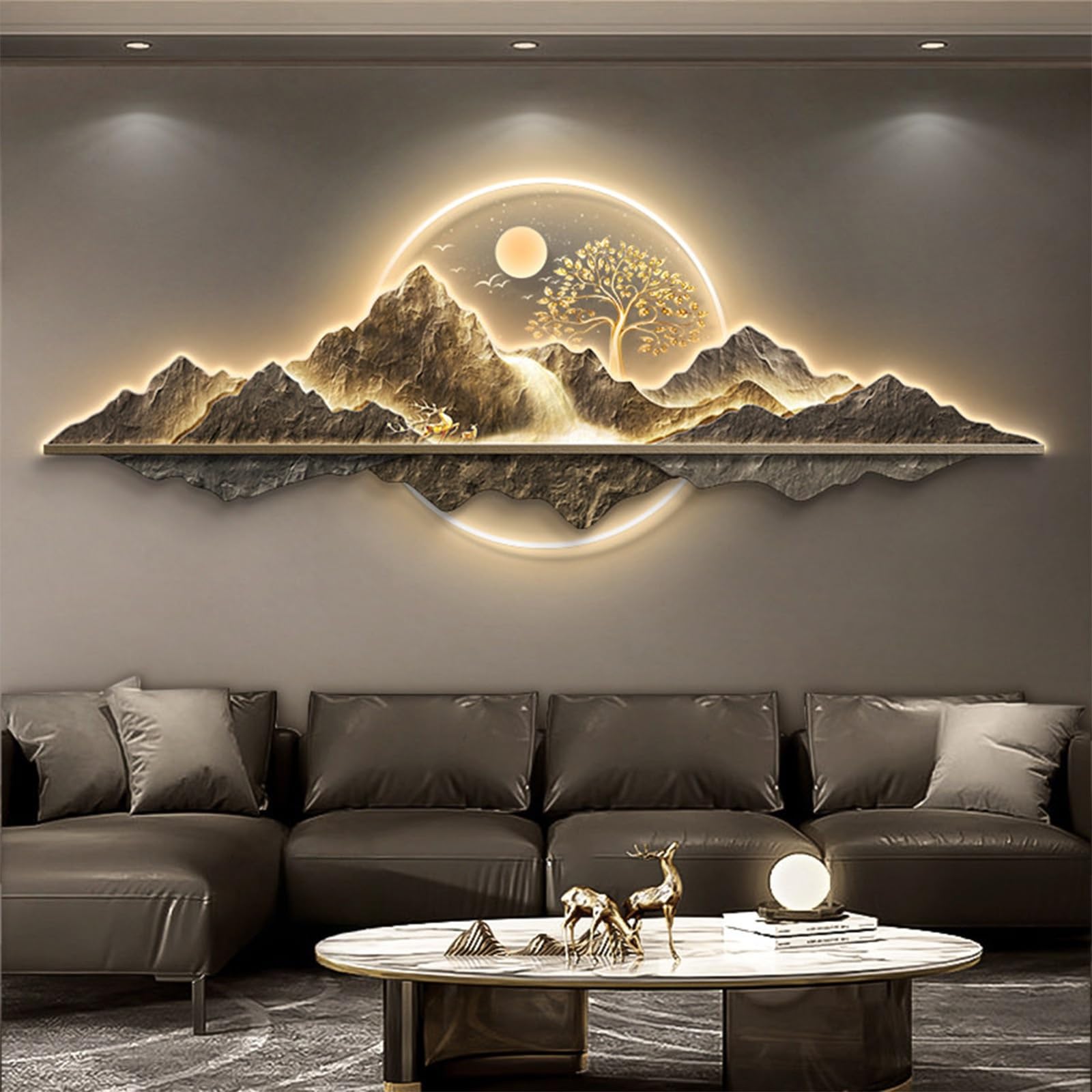 Art mural à suspendre en porcelaine cristal marron avec éclairage LED 3D pour grand salon