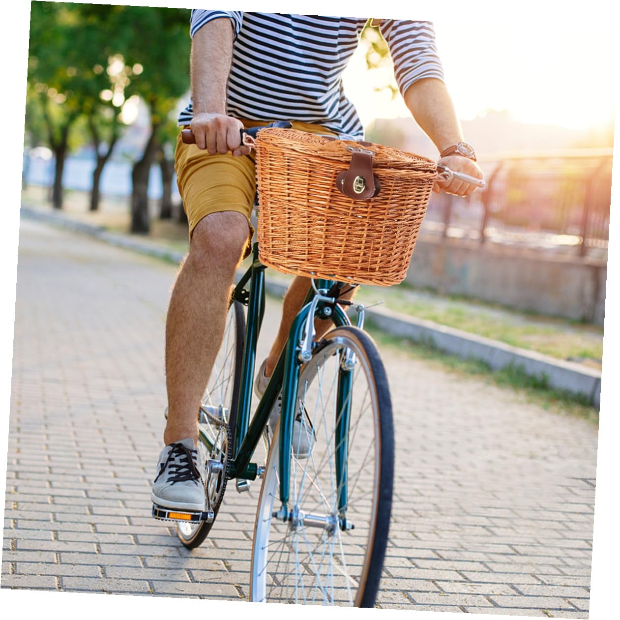 FOMIYES Cestino per Bicicletta Anteriore in Vimini Marrone con Coperchio e Manico, Cestino Intrecciato Resistente per Bici da Città e Mountain Bike