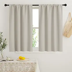 RYB HOME Blackout Short Cafe Curtains, Privacy Light Block Small Window Curtains for Bedroom Kitchen Basement Dining Classroom, W 34 x L 45 inches, Natural, 2 Panels