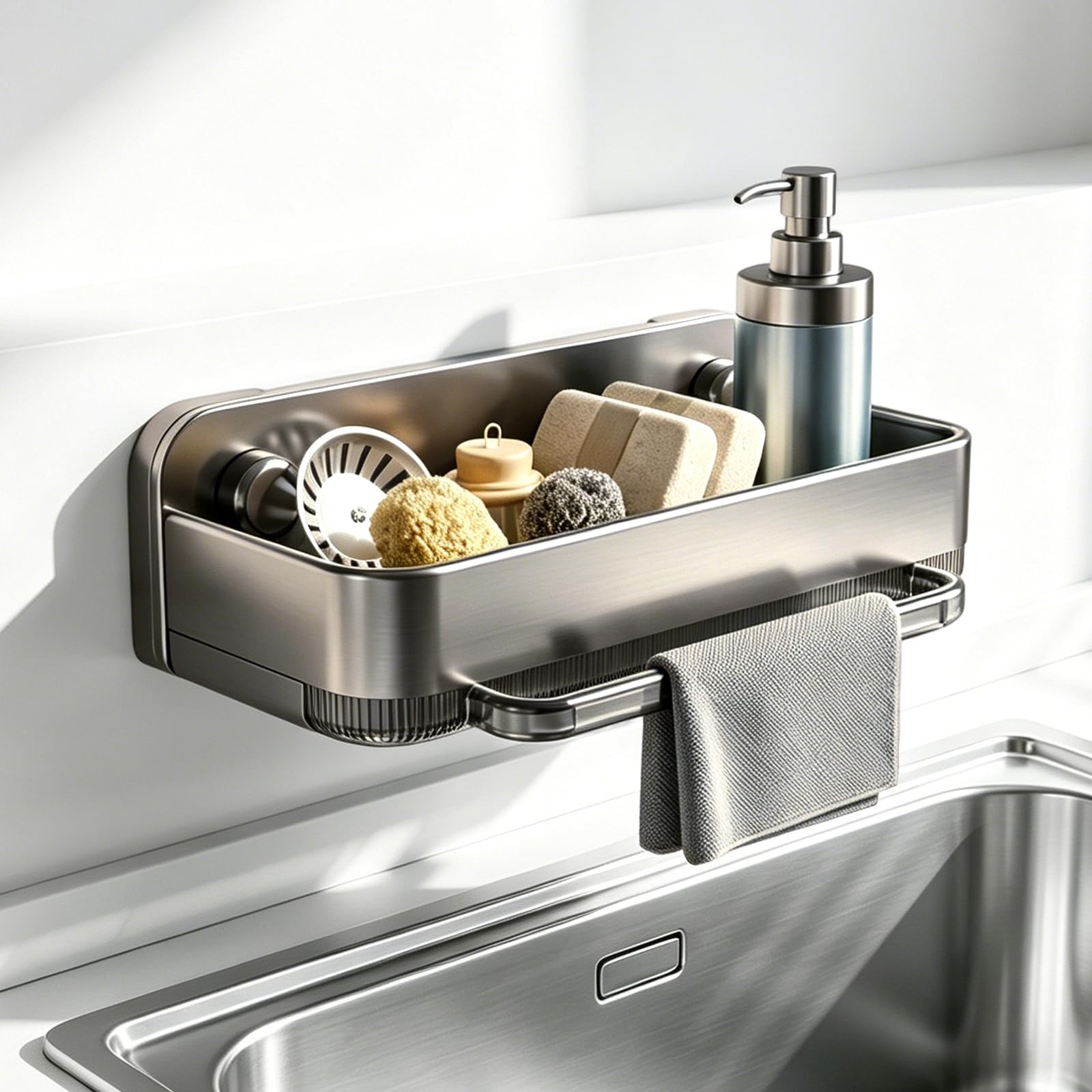 GYJZZW Sponge Holder for Kitchen Sink, Sink Caddy with Suction Cups, Rustproof Organizers and Storage for Kitchen Bathroom Counter Balcony, Utensil Holder for Sponge, Soap, Brush (Gray)