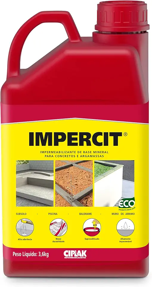 Aditivo líquido impermeabilizante para concreto e argamassa, que permite a redução da permeabilidade para evitar a umidade e infiltração d’água na argamassa. CIPLAK IMPERCIT, Galão 3,6L
