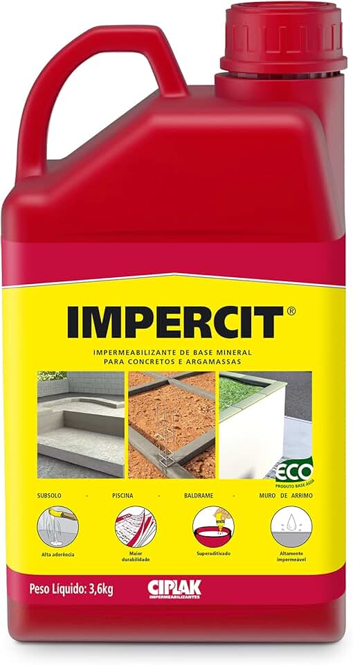 Aditivo líquido impermeabilizante para concreto e argamassa, que permite a redução da permeabilidade para evitar a umidade e infiltração d’água na argamassa. CIPLAK IMPERCIT, Galão 3,6L