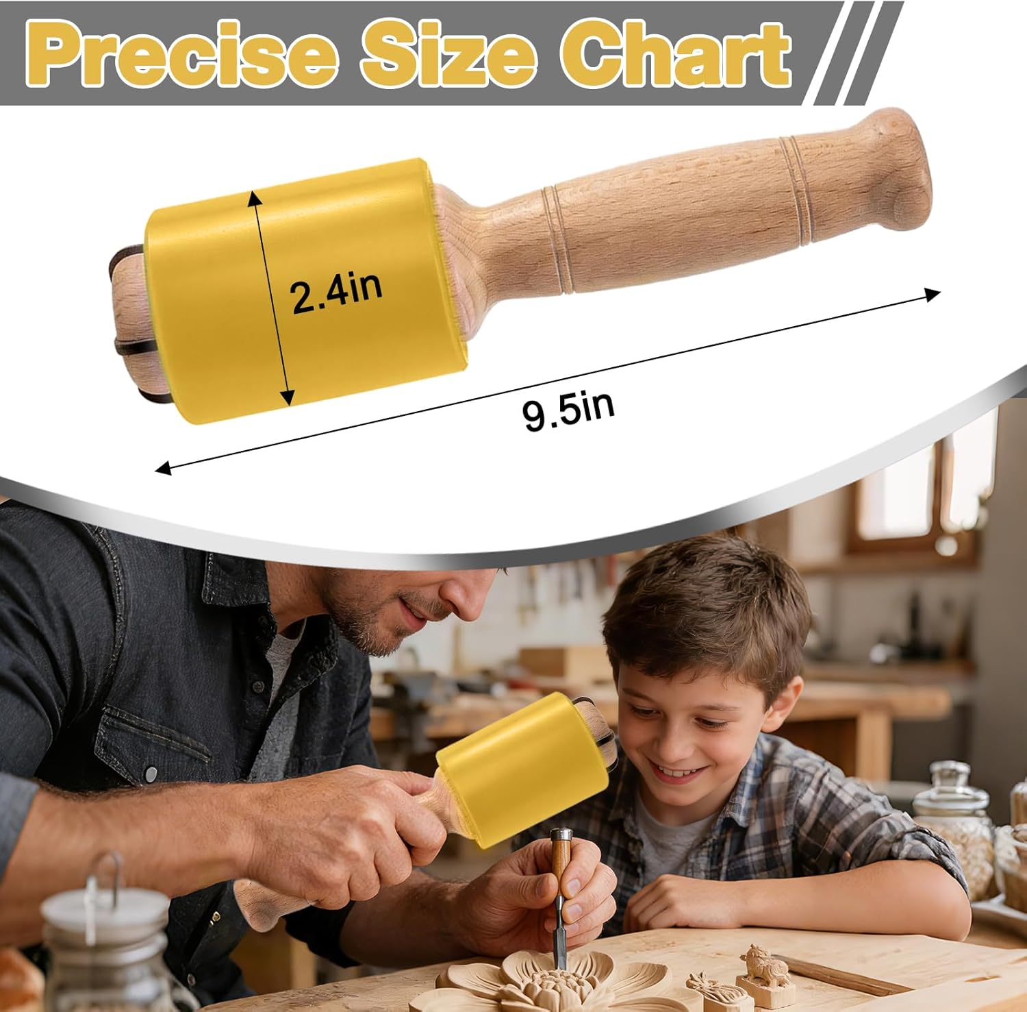 Wood Carving Mallet 12 oz for Woodworking, Non-Slip Urethane Head Woodworking Hammer 40% Fatigue Reduction for Chisels & Carving Tools, Fits All Ages, Effortless to Operate(Yellow)