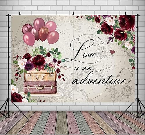 Miniatura 5 de Telón de fondo de despedida de soltera de viaje para fotografía, Love Is Adventure Around The World, fondo de boda, maletas florales rojas vintage,
