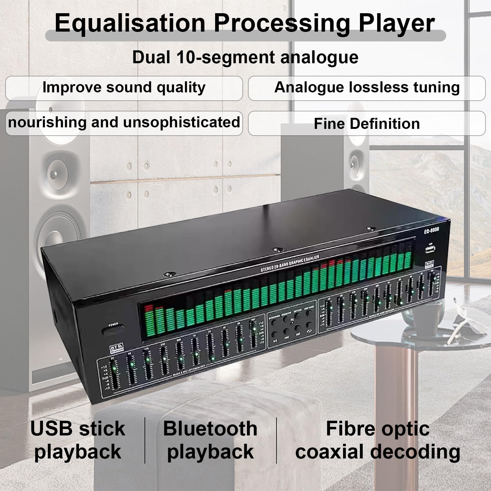 Ecualizador gráfico estéreo de 31 Bandas, decodificación de Audio Digital óptica coaxial Bluetooth 5.4, reducción de Ruido, 12 Patrones de Ritmo, para Estudio de grabación（EQ8000）