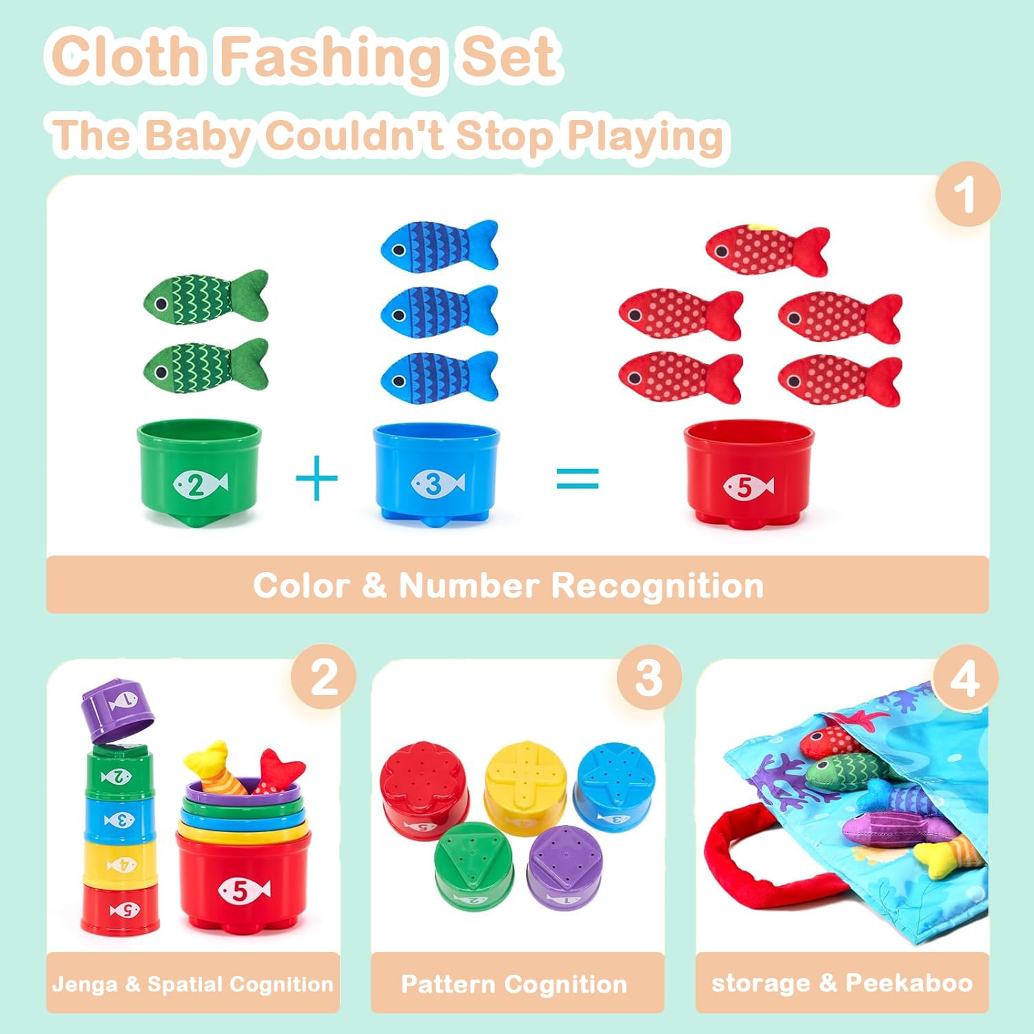 Gioco Pesca Magnetico Morbido in Tessuto per Bambini 1-3 Anni, Giocattolo Educativo Montessori con 15 Pesci e Secchielli