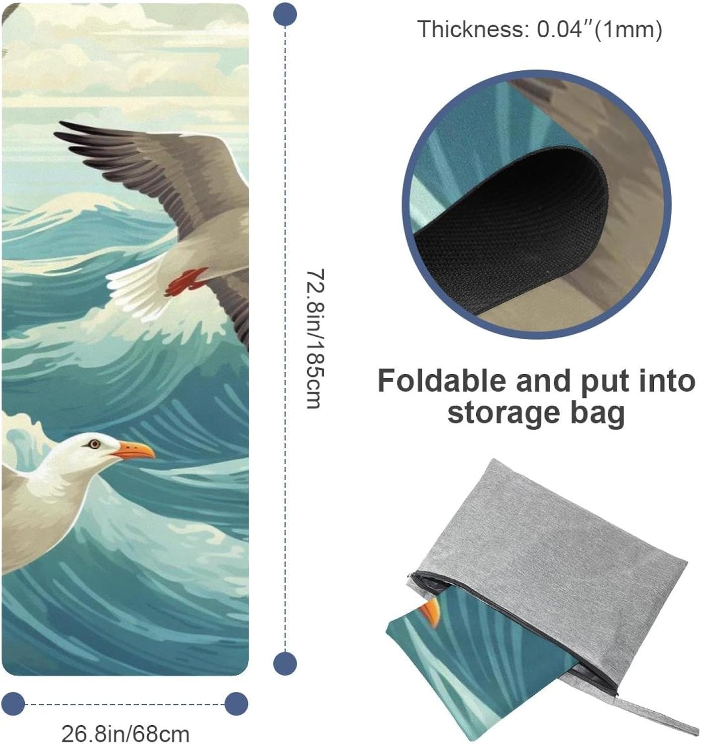 Yoga Towel, Seagull Pattern Non Slip Sweat Absorbent Hot Yoga Mat Towel for Hot Yoga, Pilates and Fitness - 72.8" x 26.8"