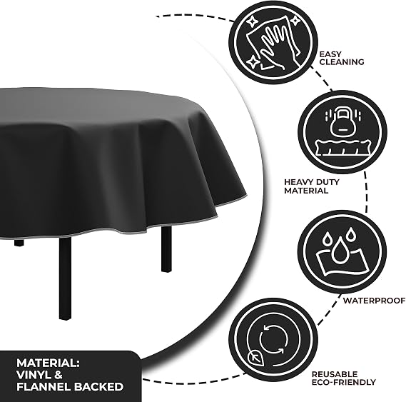 Exquisite Black Vinyl Tablecloths - 70 in. Round - Pack of 3 Round Tablecloth with Flannel Backing - Plastic, Reusable & Waterproof
