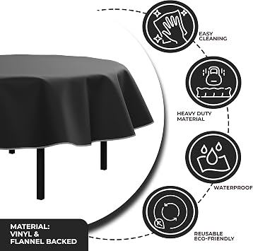Exquisite Black Vinyl Tablecloths - 70 in. Round - Pack of 3 Round Tablecloth with Flannel Backing - Plastic, Reusable & Waterproof