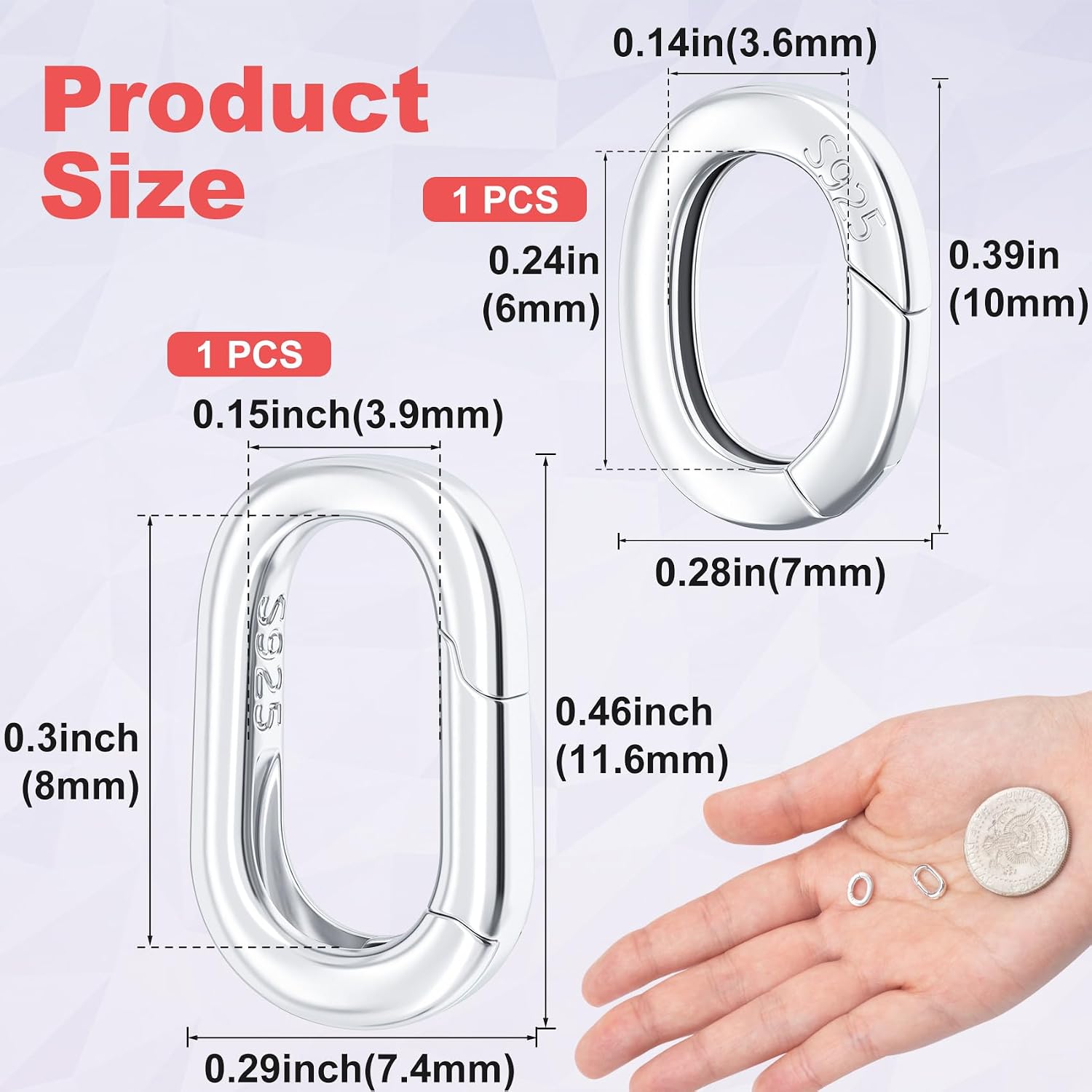 Pndeyo 2pcs 925 Sterling Silver Oval Jewelry Clasps, Hypoallergenic Necklace Enhancer Shortener, 2 Sizes Spring Bail Clasp Rings Connector Clips for Bracelet Anklet Jewelry Making