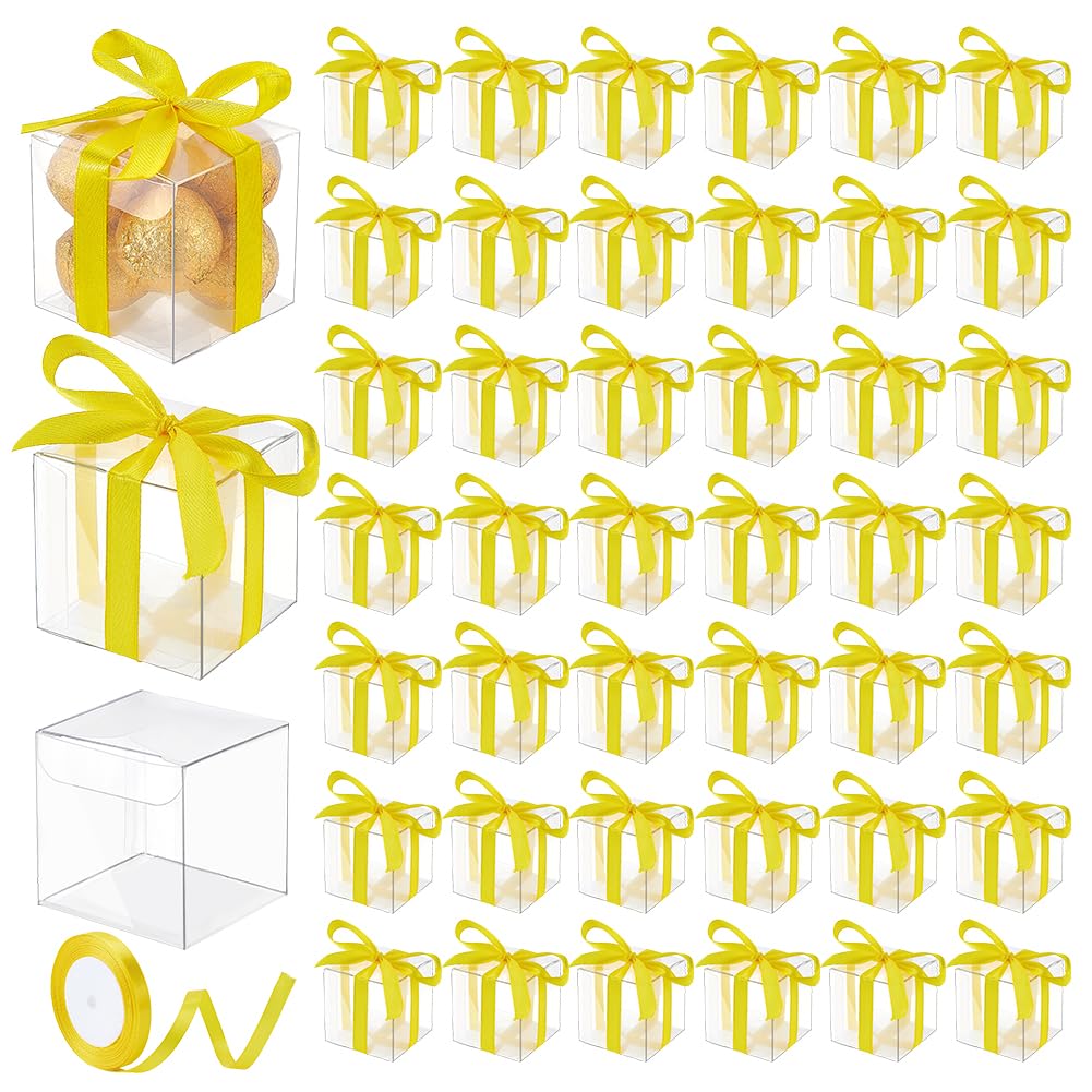 PH PandaHall 100pcs Clear Mini Favor Boxes 2x2x2 Clear Gift Boxes Cube Treat Box with Yellow Ribbon Macaron Candy Box for Chocolate Candies Cookies Muffins Treats Wedding Favors Shower Party