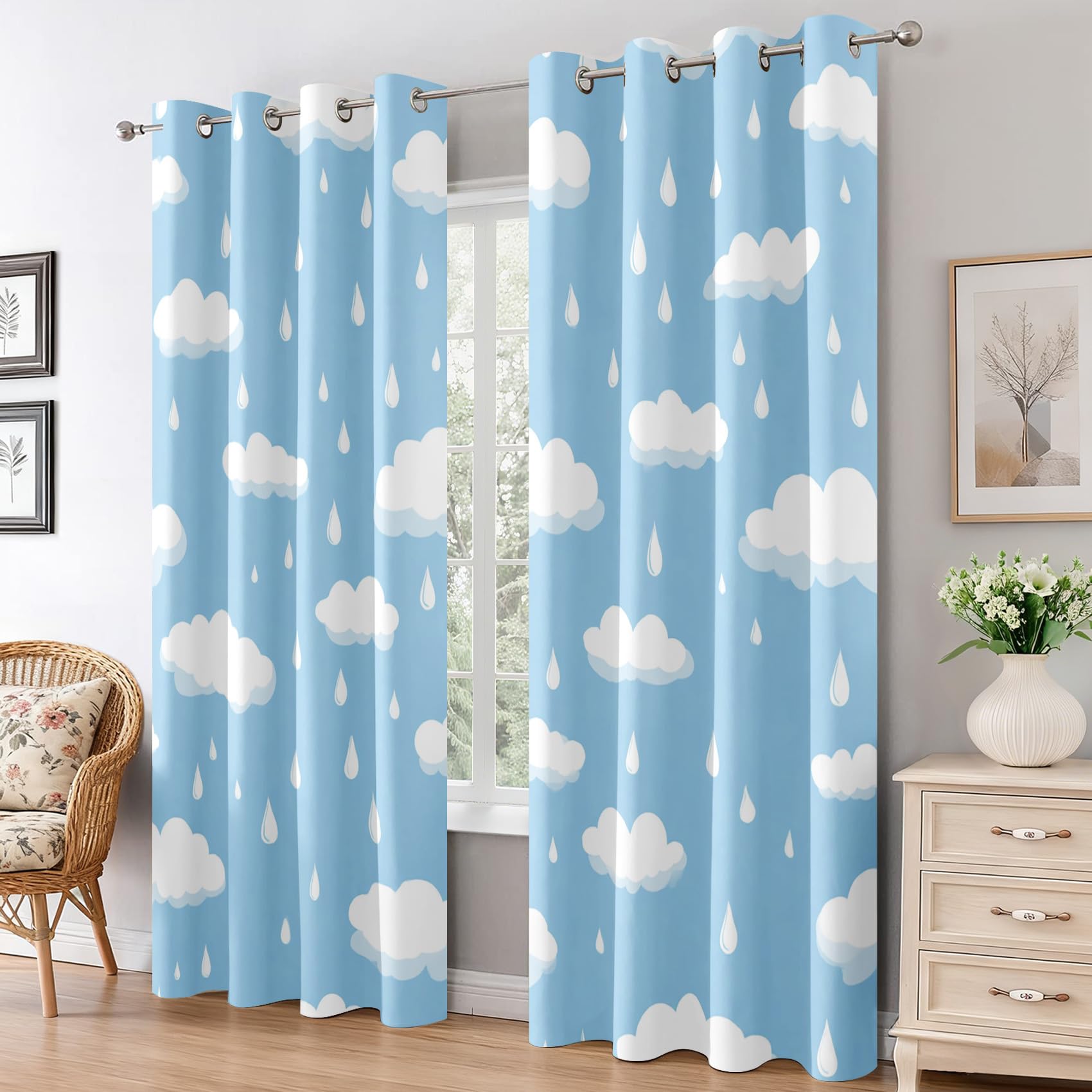 Générique Rideau Occultant Nuage, Decoration Chambre Salon, Rideaux Imprimé Motif Goutte Bleu Ciel, Lot de 2 Rideaux Thermiques à Oeillets, 75x166 cm (LxH)