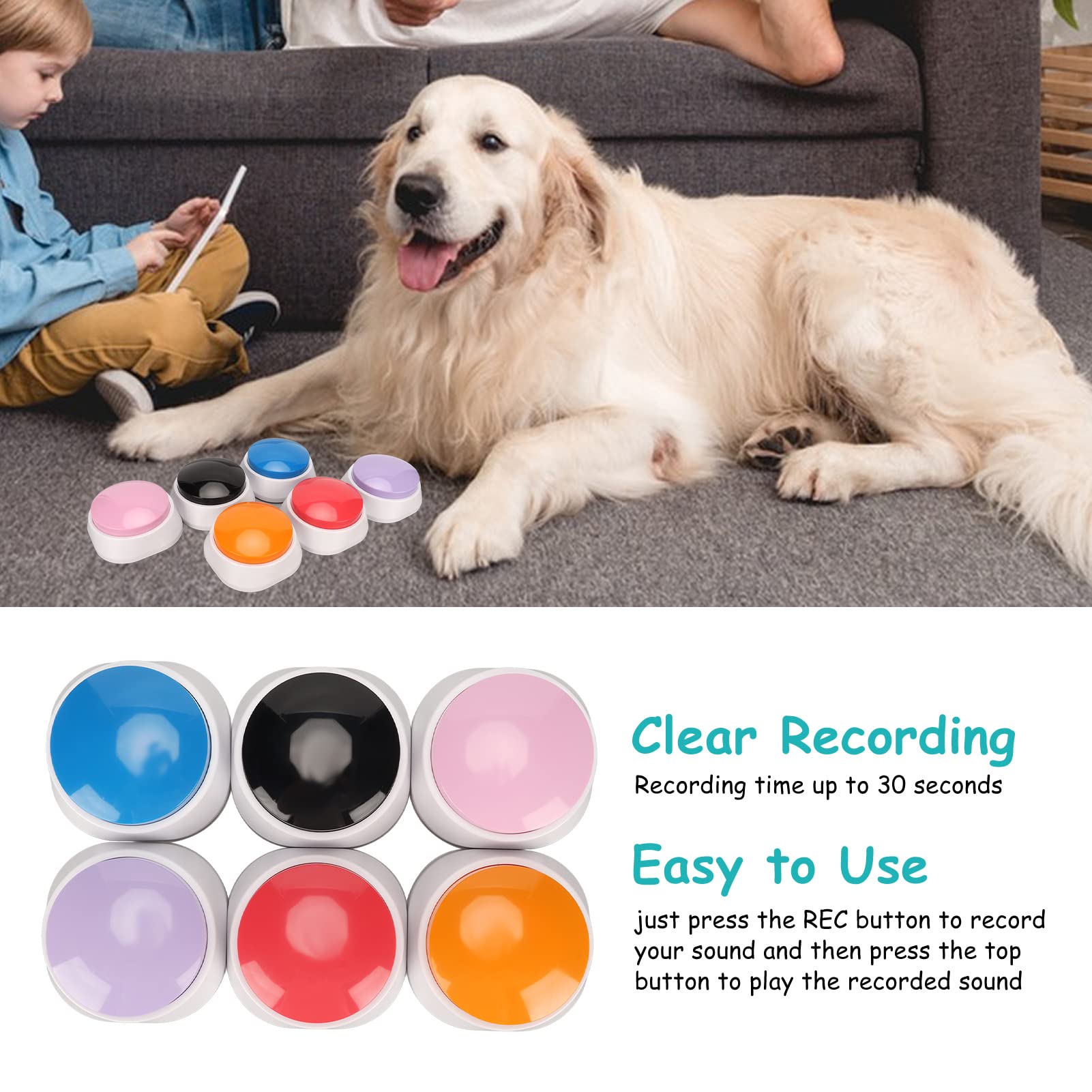 Yanmis 6 Colors Voice Recording Button, Dog Buttons for Communication, Pet Training Buzzer, 30 Second Recording and Playback, for Interactivity
