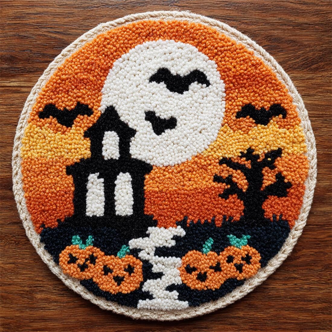 Rqwybcaxn DIY Rug Latch Hook Kits for Adults Animal Needlework Kit Pumpkins and Castles 50x50cm Round Easy Pattern Floor Mat Living Room Handmade Art