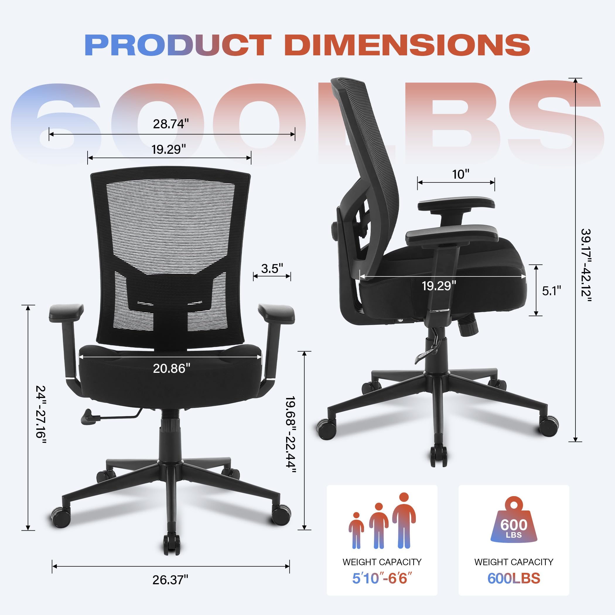 Big and Tall Office Chair 600lbs with Lumbar Support for Eight Hour Daily Work Ergonomic Mesh Desk Chair Widen 3D Cushion for Reading, Gaming