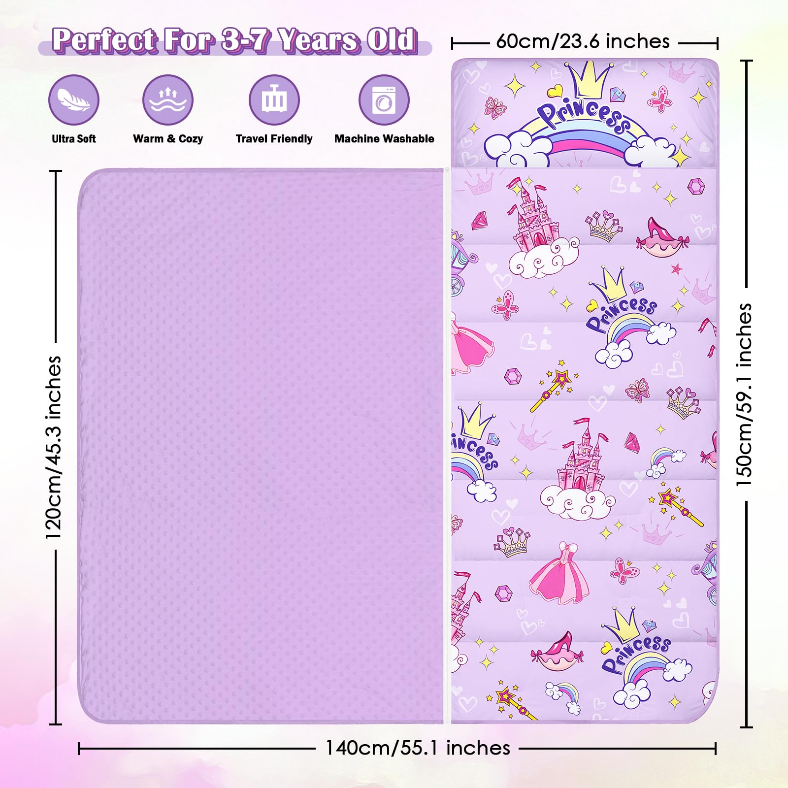 Kids Sleeping Bag,Nap Mat with Removable Pillow and Blanket,Warm Toddler Slumber Bag 150x60cm for Toddlers Boys Girls Roll Up Kids Sleeping Mat for Bedroom Daycare Kindergarten,Princess Castle - Image 2