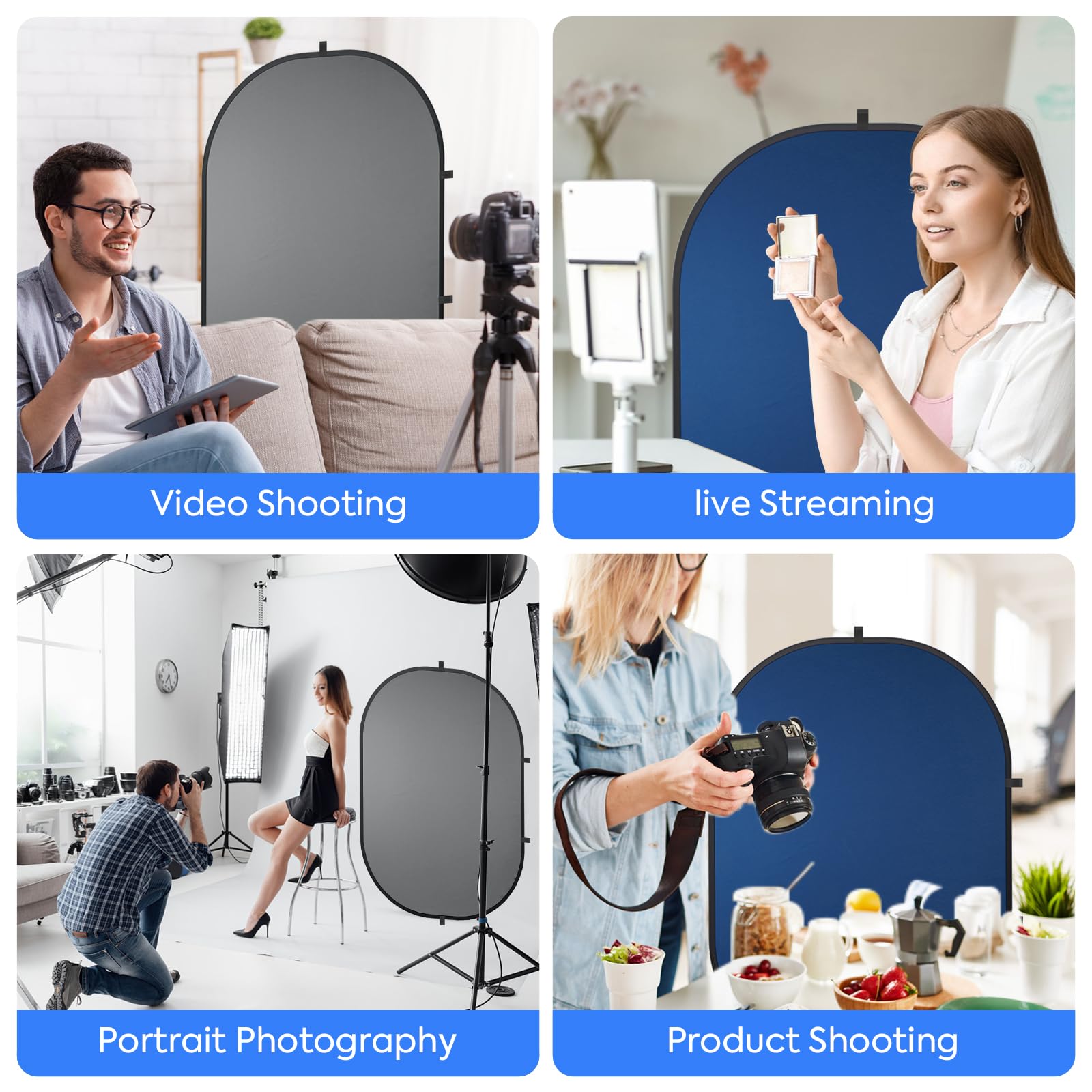 Fondale pop-up blu grigio 3 x 5ft/1 x 1,5 m, sfondo fotografico double-face con borsa per il trasporto, sfondo pieghevole per audizioni con nastro adesivo, servizi fotografici, TikTok