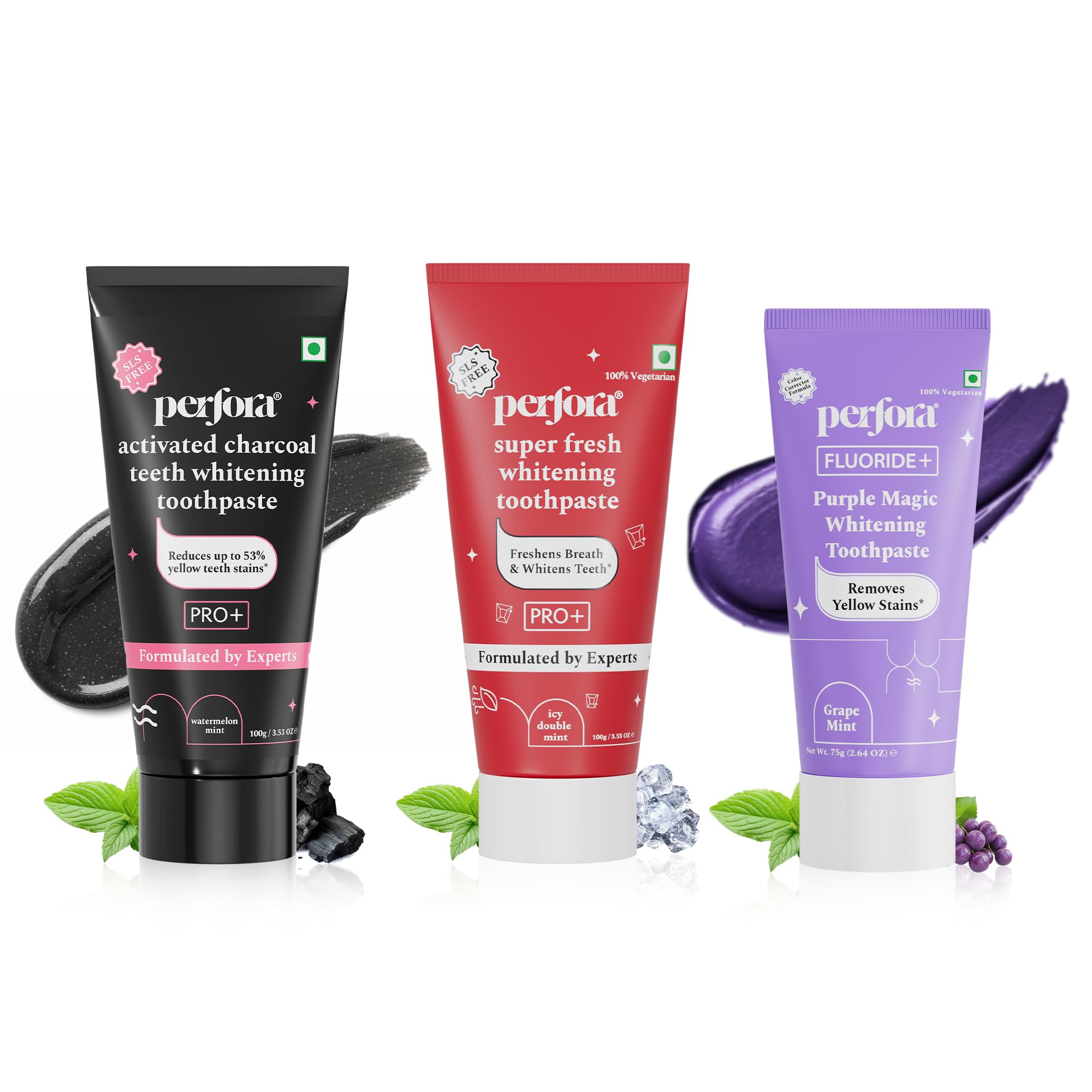 Perfora Teeth Whitening Toothpaste Combo | Super Fresh, Activated Charcoal & Purple Toothpaste | SLS free | Enamel-Safe & Sensitivity-Free Oral Care-picture-24