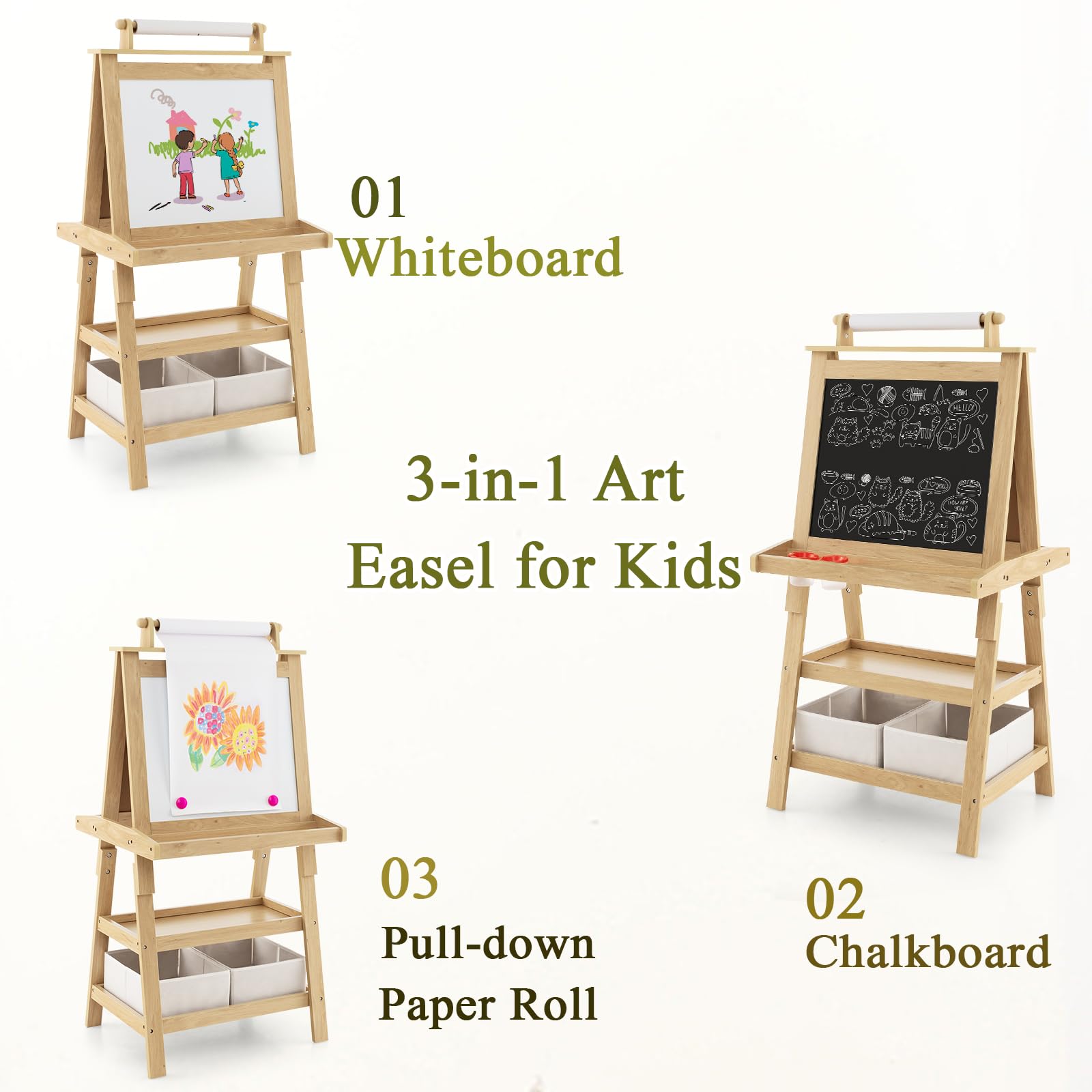 LIFEZEAL Pizarra infantil 3 en 1 con 2 caras (Natural) | Caballete infantil con pizarra blanca, rollo de papel, mesa magnética y 2 niveles de almacenamiento
