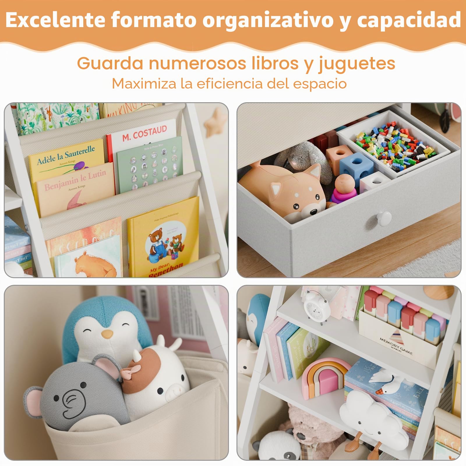 Estantería y almacenamiento de juguetes, estante para libros y guardería, organizador Montessori, color blanco