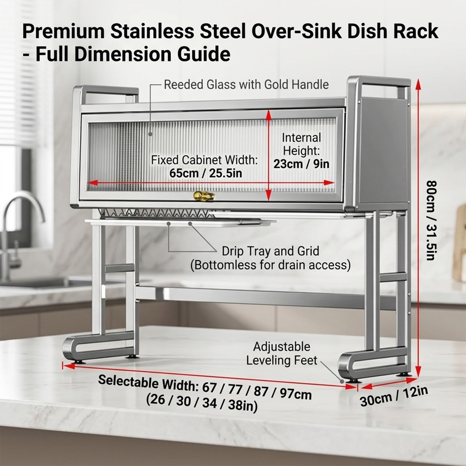 Scolapiatti a 2 ripiani in acciaio inox da 76,2 cm, con coperchio e vassoio antigoccia, organizer salvaspazio da cucina per piccoli appartamenti, resistente alla ruggine, facile da pulire