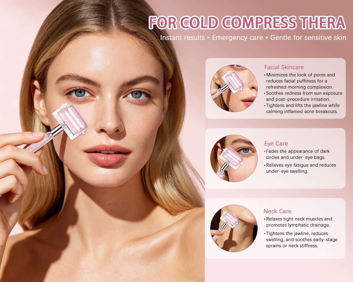 Rodillo de hielo para cara y cuerpo, herramienta de terapia de frío para hinchar los ojos, reducir la inflamación y tensar la piel, con funda protectora (rosa con purpurina)