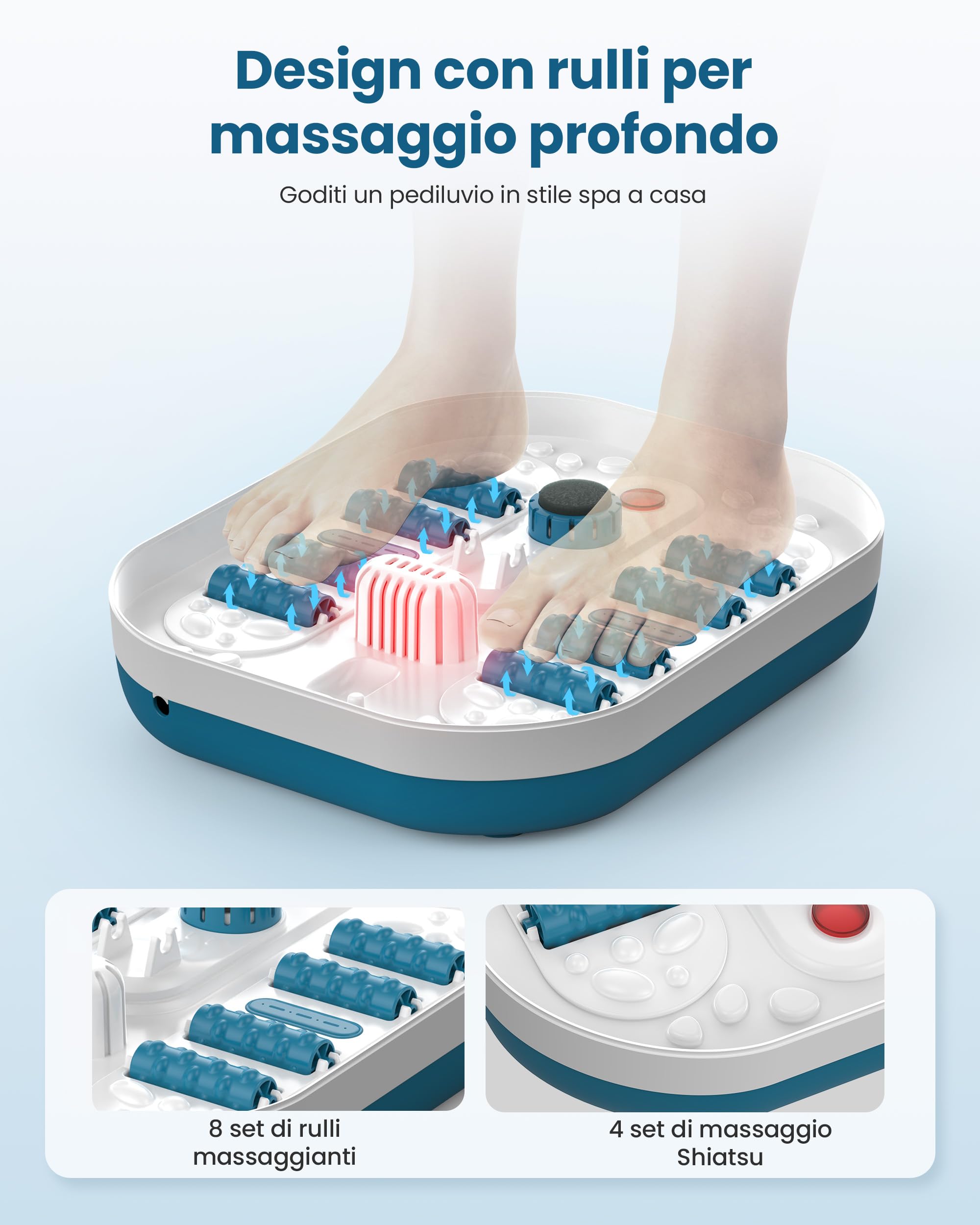 COMFIER Pedicure con massaggio e funzione di riscaldamento, massaggiatore per piedi pieghevole, funzione vibrante e frizzante, timer, pedicure pomice, 35 ℃-48 ℃, pedicure con 8 rulli shiatsu