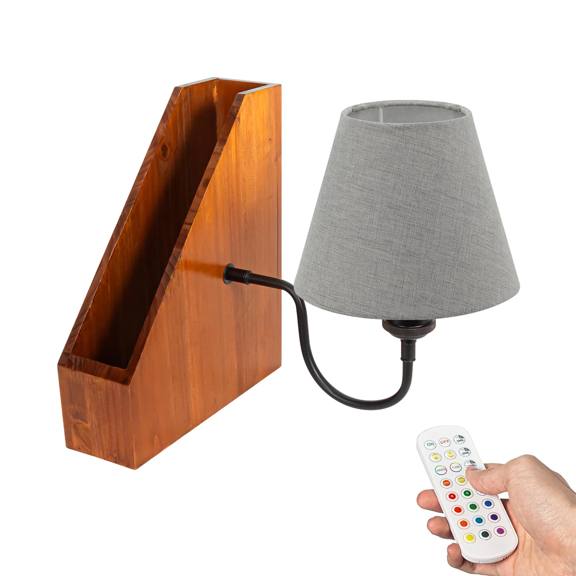 LED Buchlampe mit Fernbedienung, Vintage Dimmbar Nachttischlampe mit Praktischer Organizer 1xE27-Fassung, Wiederaufladbare Tischlampe Zeitschaltuhr für Nachttisch Beistelltisch DZ0031GY