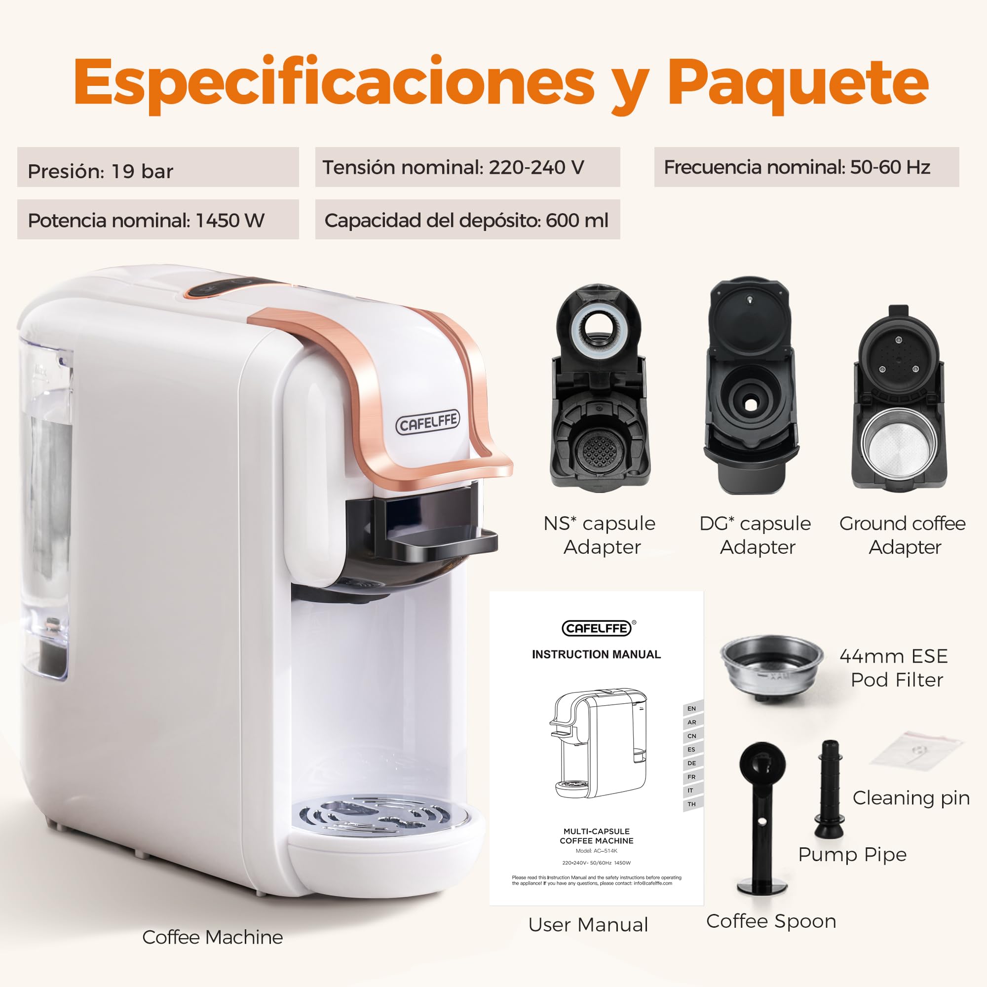 CAFELFFE MK-603 Cafetera de Cápsulas 4 en 1 Caliente/Frío Máquina de Café Expreso de una porción Individual Compatible con ESE Pods, Nes Original/DG Cápsulas y Café Molido Preparación Rápida Blanco