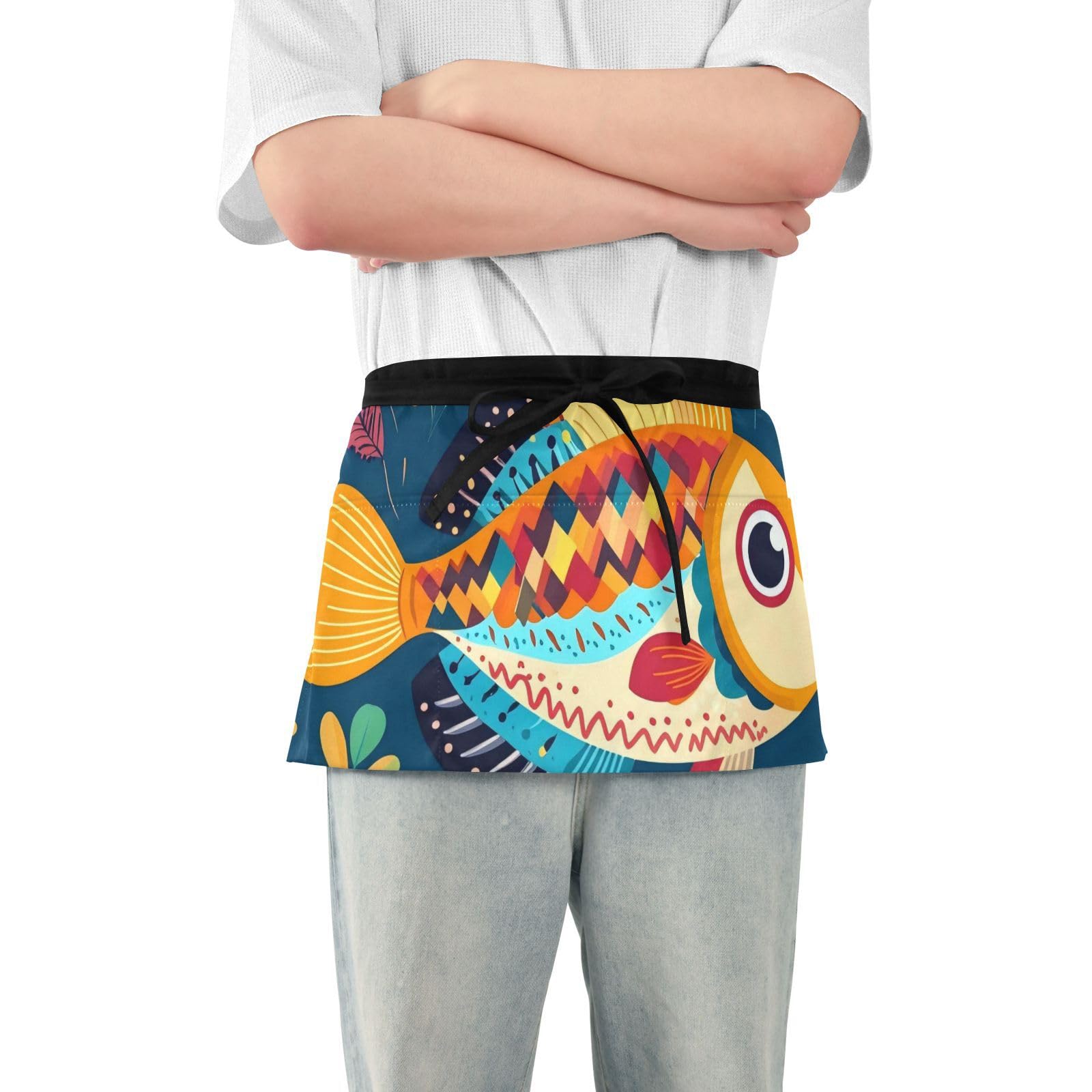 QwThum Waitress Apron with Pockets Server Apron Waist Apron Personalized Waterproof Cute for Serving Cooking Gardening Folk Fish