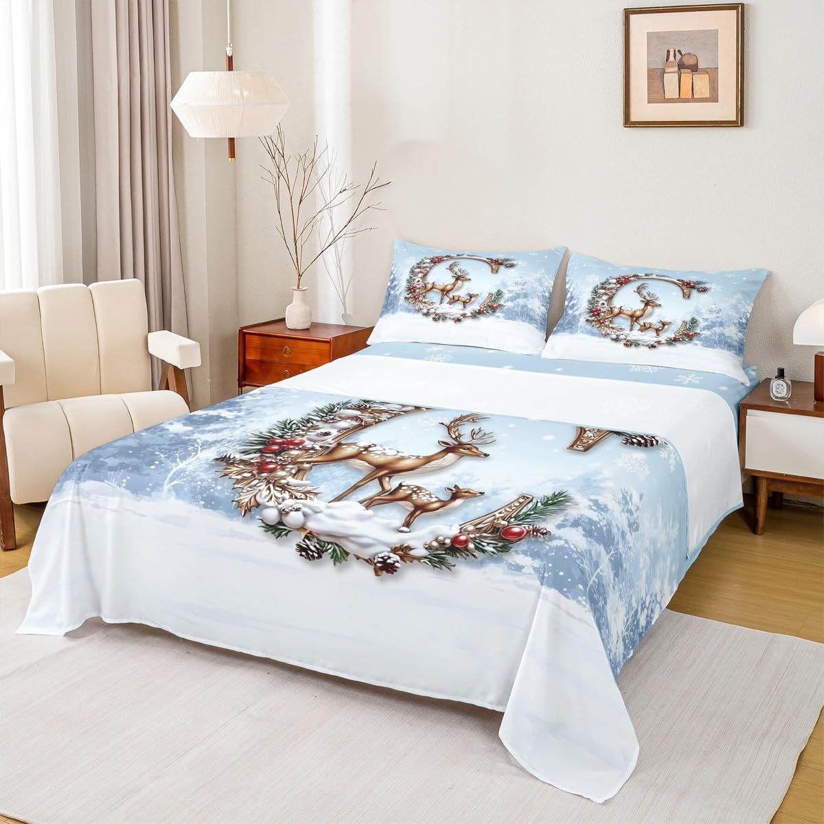 Homewish Juego de sábanas con monograma de letra C, diseño de ciervos y niñas, decoración de Navidad, juego de ropa de cama con copos de nieve, sábanas bajeras ajustables personalizadas con letras