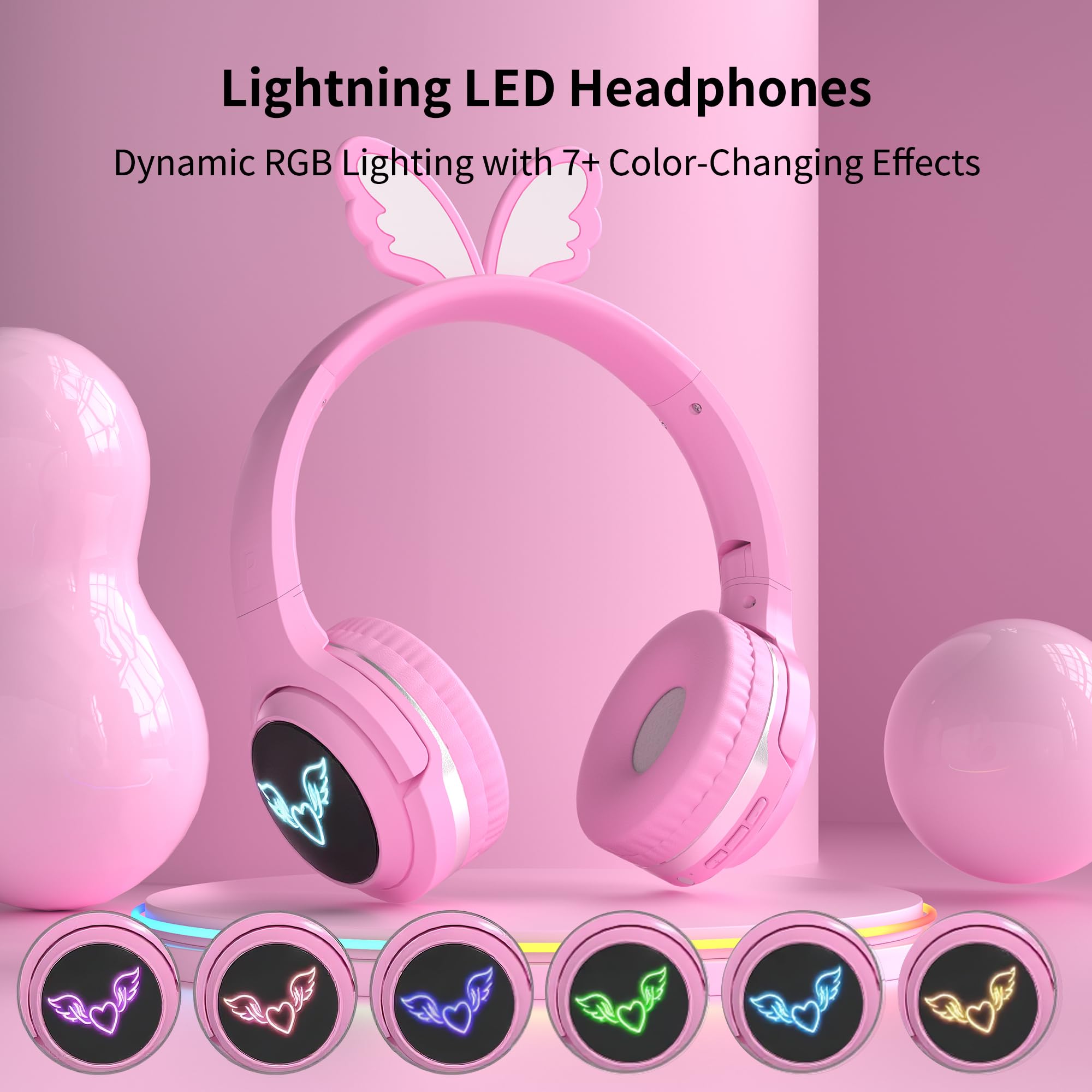 Cuffie wireless per bambini, volume limitato 85 dB, luci LED, batteria 40H, farfalla rosa