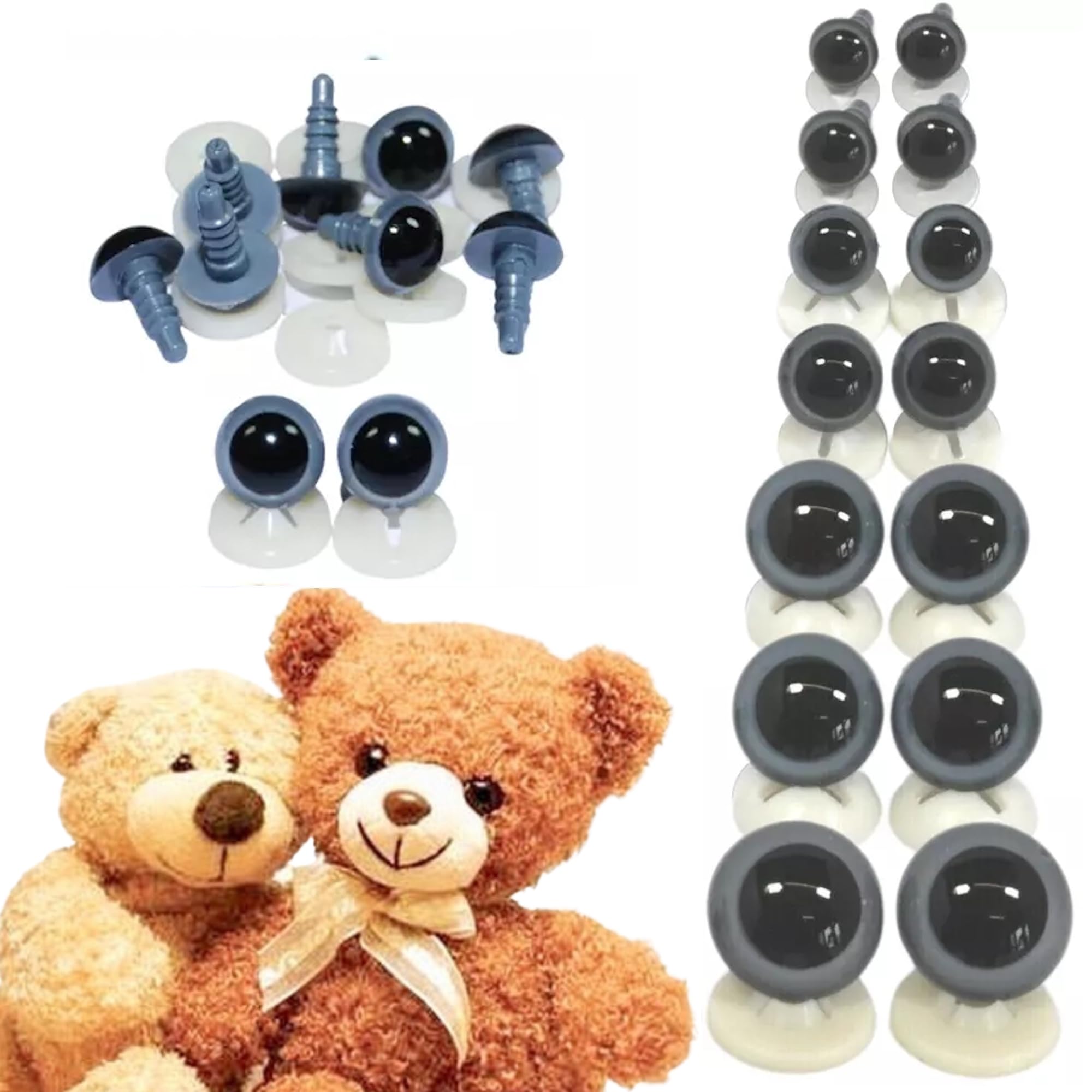 celloexpress 15mm Grey Eyes with Plastic Backs - Safety Eyes for Soft Toy or Teddy Bear Making - Pack of 10 Pairs