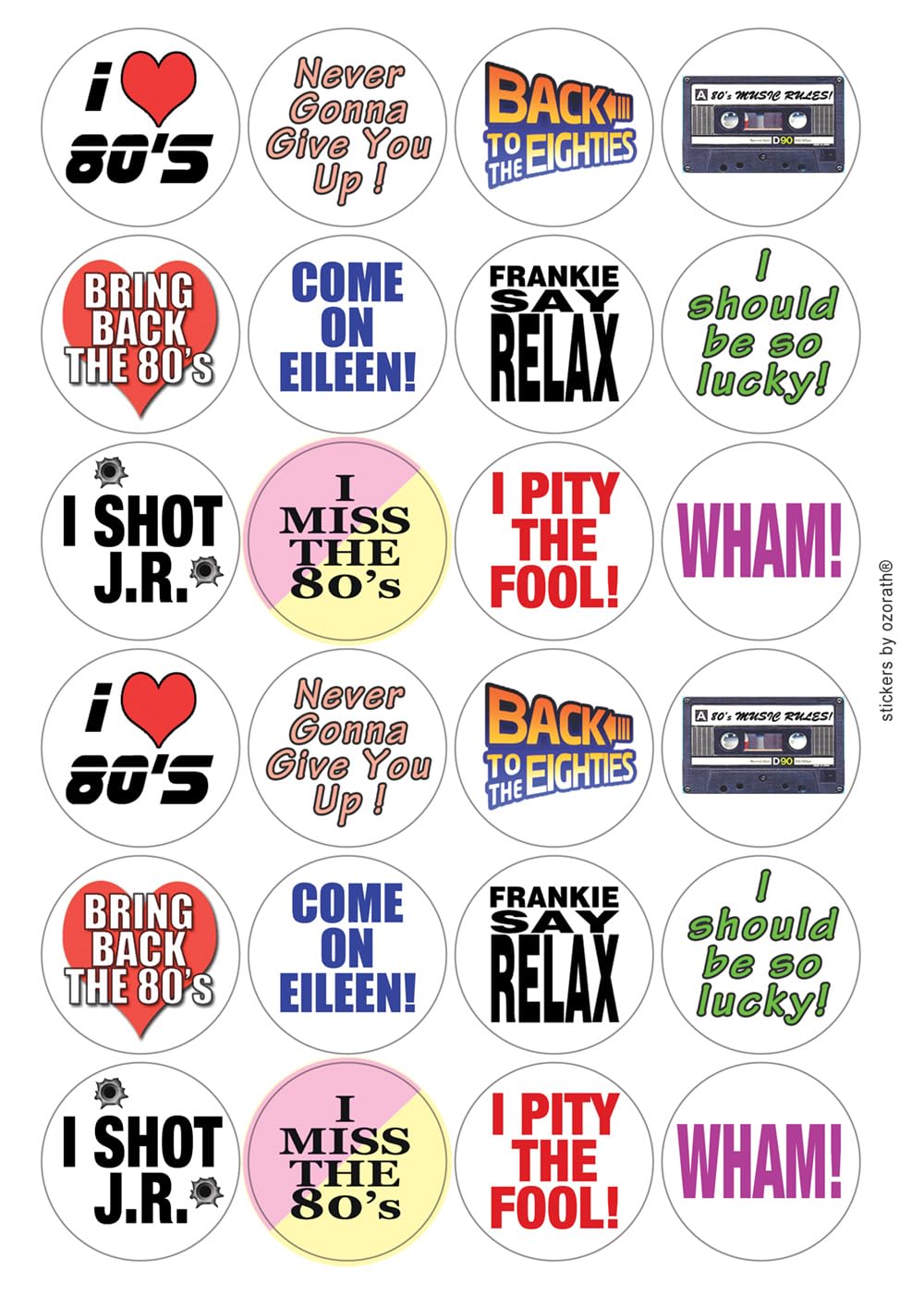 Eighties Various Matt Paper Stickers A4 Sheet of 24 (Each Sticker is 45mm Diameter)