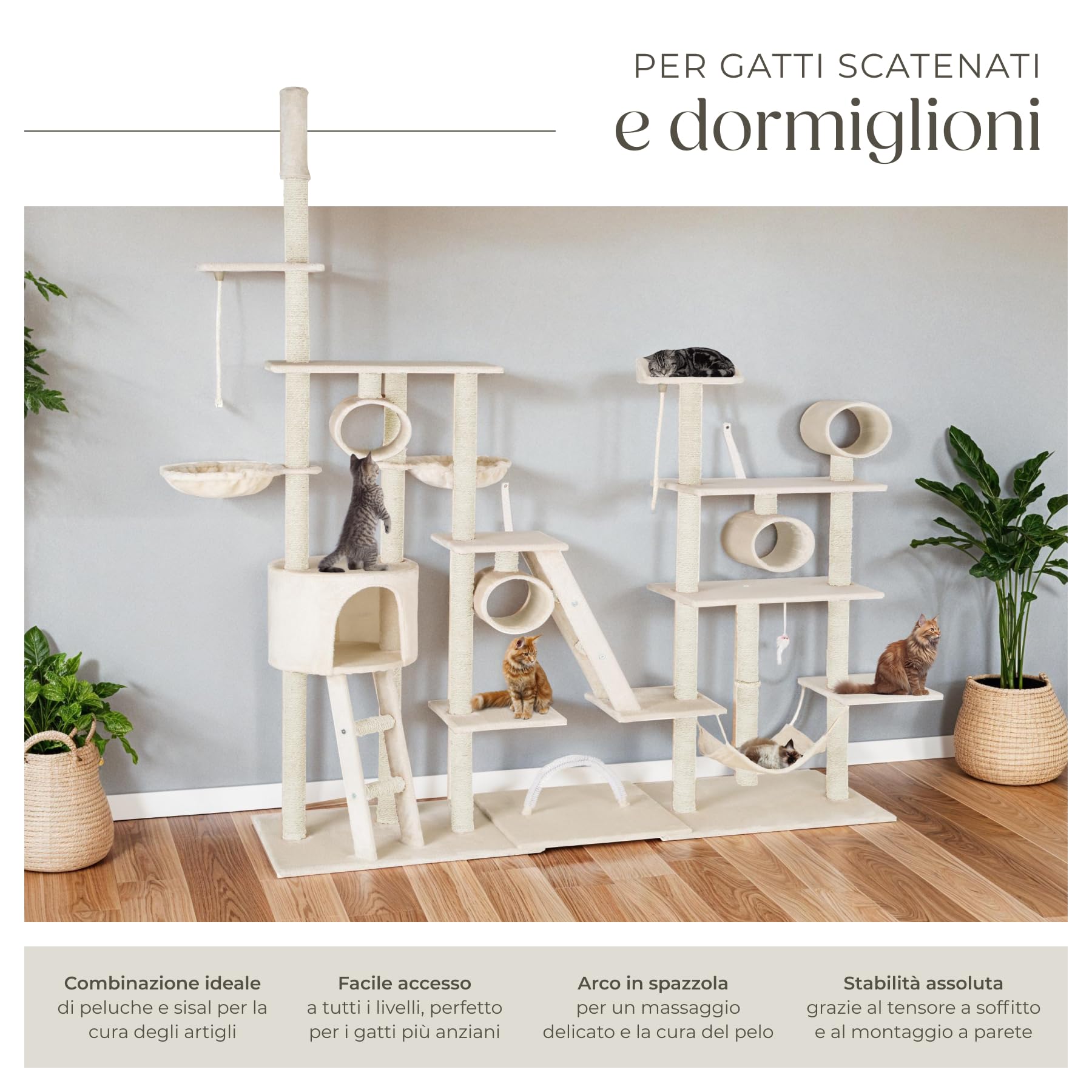 Tectake® Tiragraffi XXL per Gatti Con Cuccette Morbide, Colonne in Sisal, Topolino Giocattolo, Amaca - Albero Con Giochi, 261 cm - Beige