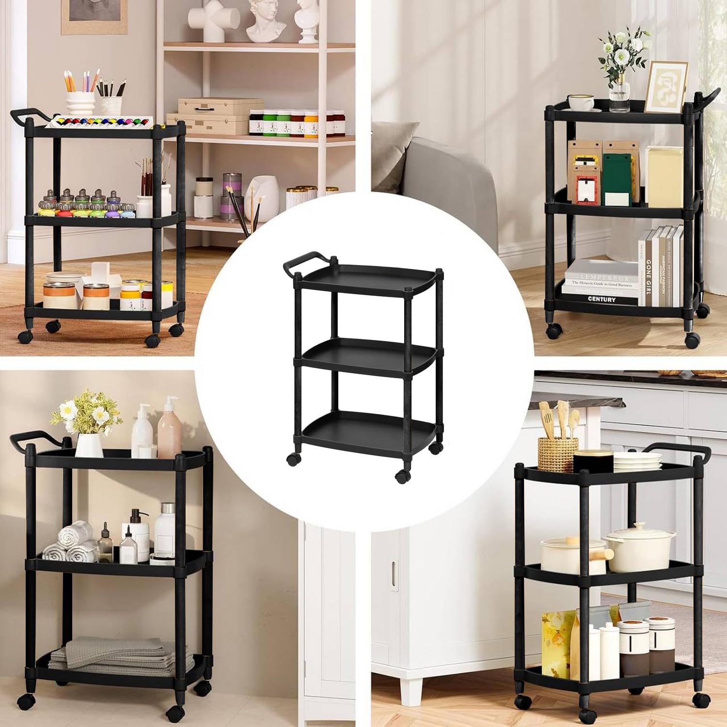 Wintem Carrello Salvaspazio in plastica PP Nero 46x33x74cm - 4 Ruote Girevoli e Manico Ergonomico per Spostarlo Facilmente da Una Stanza all'Altra - 3 Ripiani Capienti e Versatili di 46x33cm