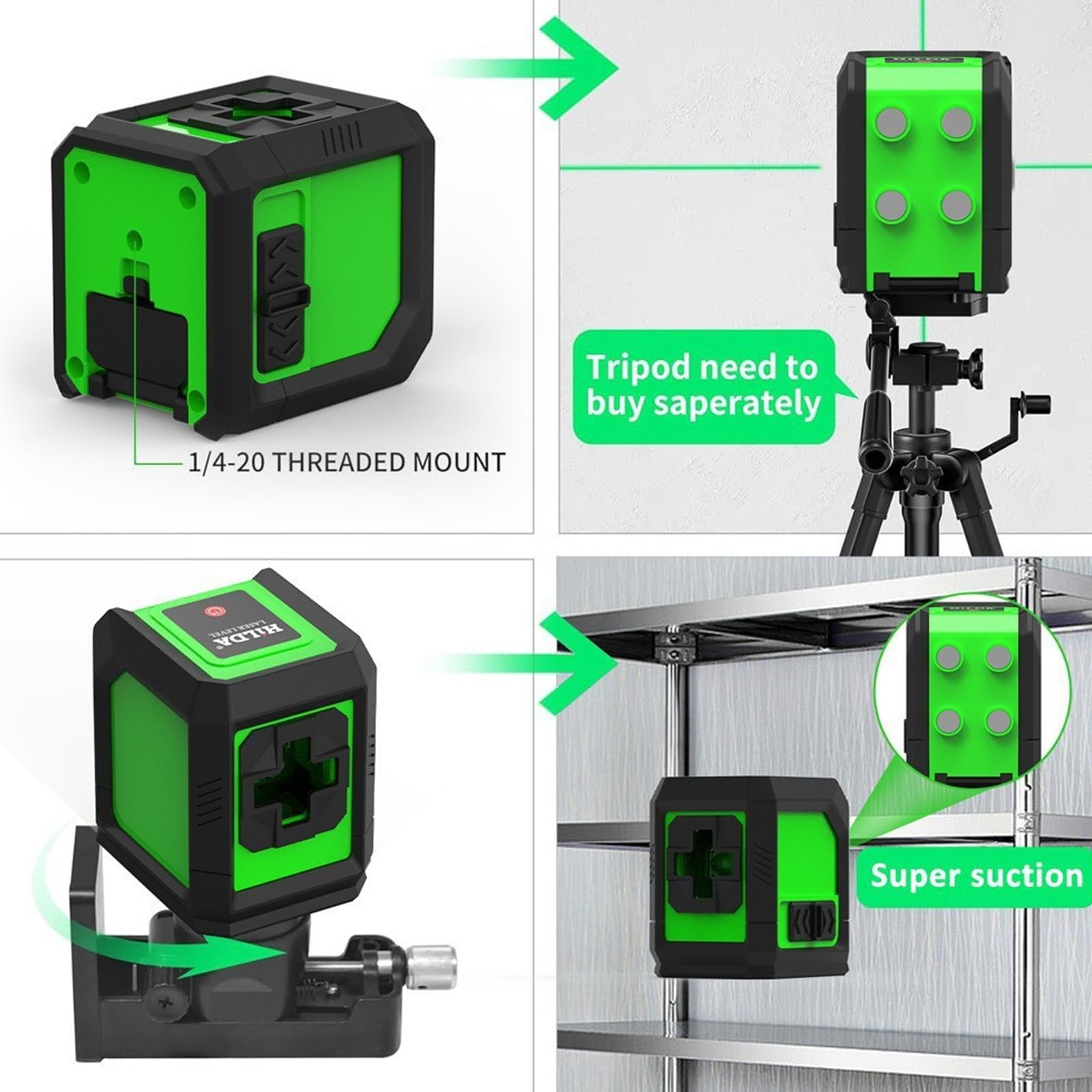 Laser a linee incrociate con treppiede, livella laser con treppiede, autolivellante con doppio modulo laser, laser a linee incrociate, verde, per lavori interni e ristrutturazioni fai da te