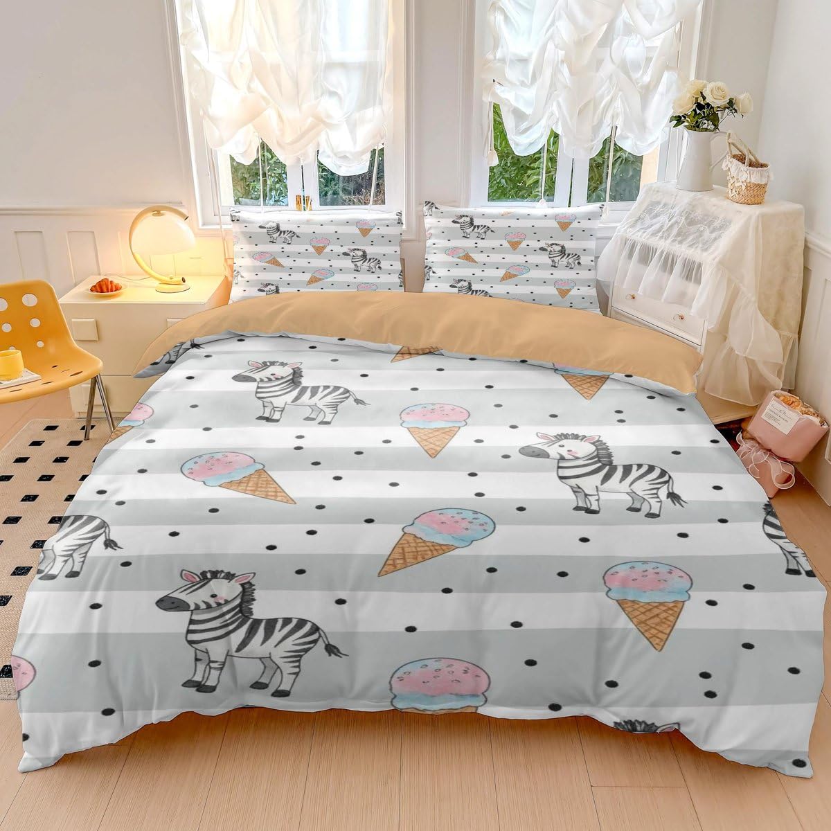 Parure de lit avec housse de couette et taies d'oreiller, motif zèbre, yoga, plage, pour lit simple, rose pour décoration de chambre d'enfant, ultra douce (style 3, lit simple 135 x 200 cm + 50 x 75