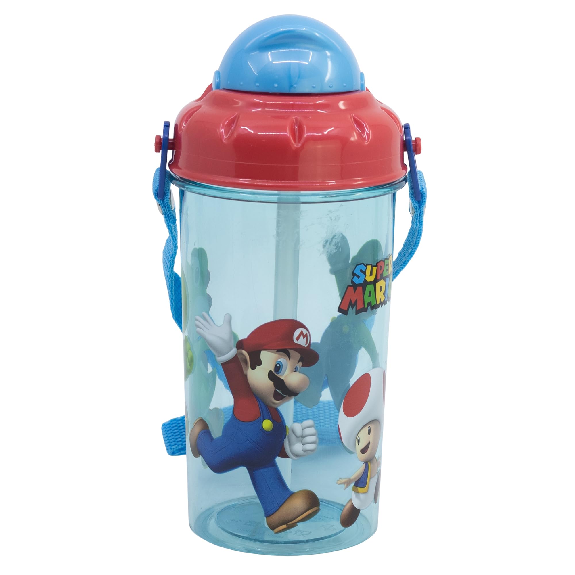 STOR Kids Water Bottle with Straw Super Mario Bros 465ml - BPA-Free Plastic Bottle with Lid and Strap for School and Sports