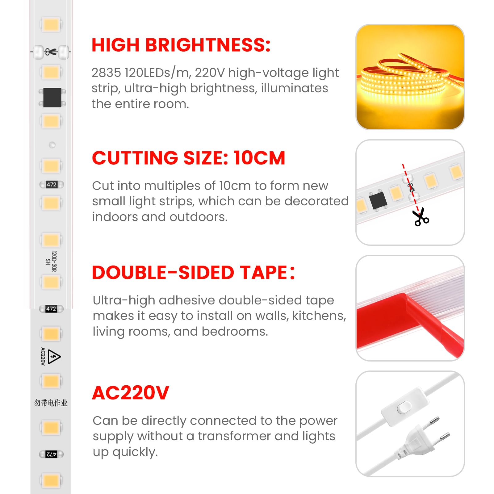 220V Tira LED con On/Off [50m,Amarillo],IP65 Estanco Flexible,Tira de Luz LED Recortable CRI85+,Iluminación decorativa hogar/tienda