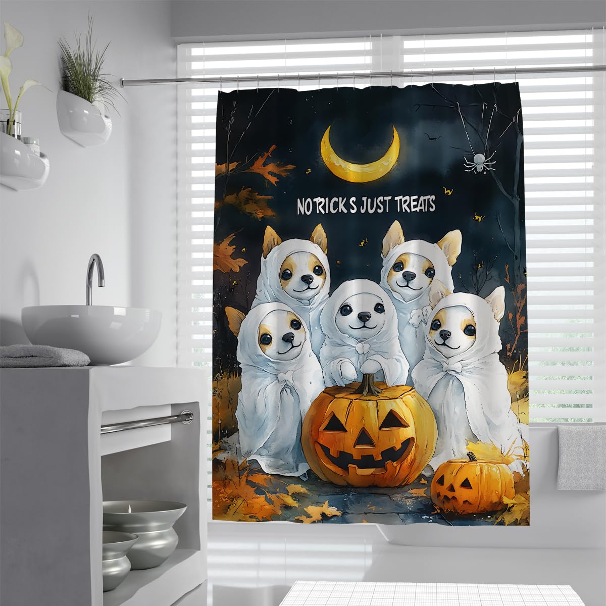 Cortina de Ducha Cachorro Lindo Halloween Luna Calabaza 180x200cm