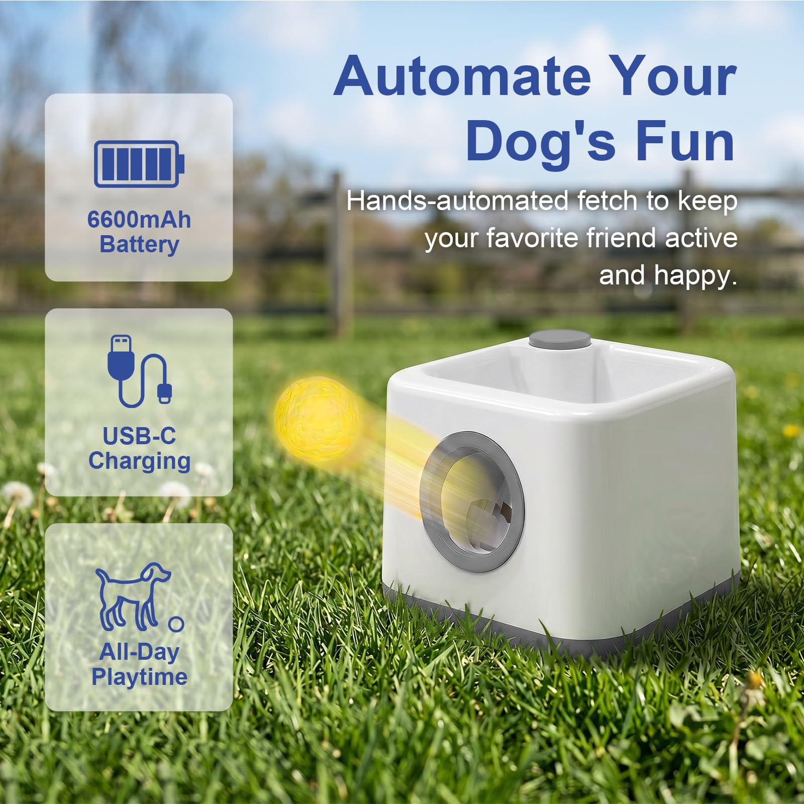 JIANAYANA Lanceur de balles automatique pour chien, jouet interactif double mode automatique et manuel, 4 distances réglables avec 5 balles ETPU, balle anti-carte pour intérieur et extérieur toutes