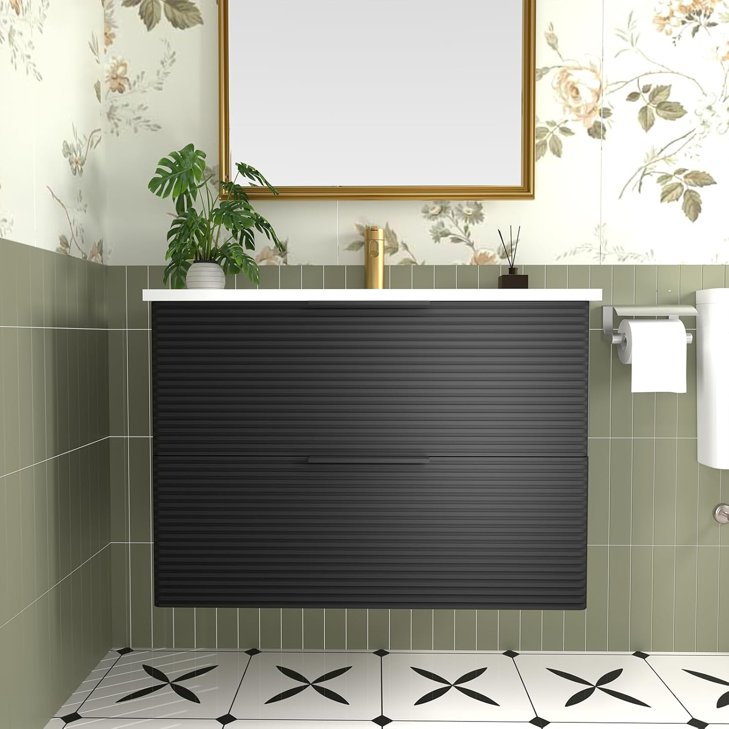 30in Bathroom Vanity with Ceramic Sink - Floating Wall Mounted Fluted Vanity with Drawers, Modern Black for Small Bathrooms (White Sink) 30 inch Black(028)-white Sink