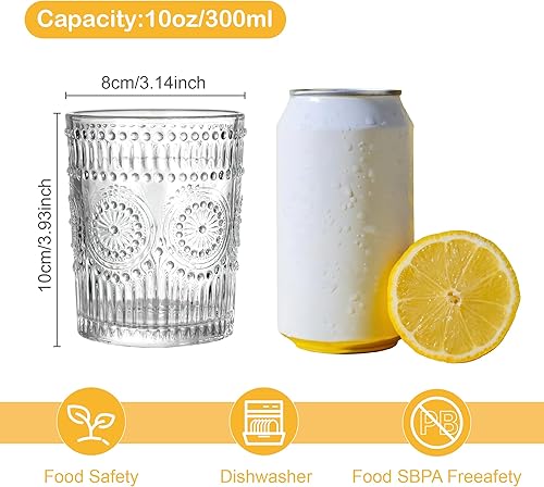 Miniatura 2 de Juego de 2 vasos de agua vintage de 10 onzas, vasos de agua con textura de flores, vasos pequeños y lindos para café, jugo, whisky, cerveza, cóctel,