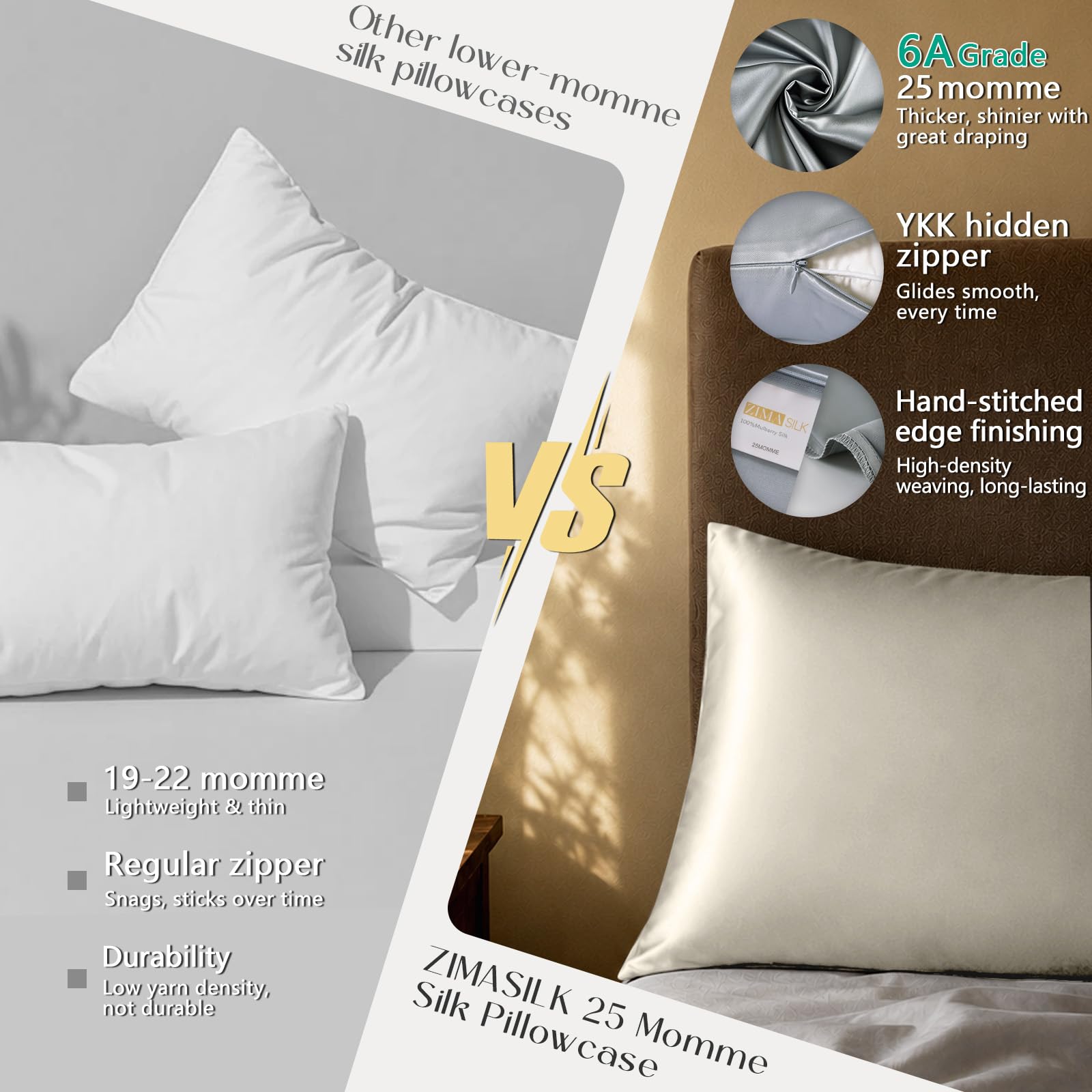 ZIMASILK 25 Momme 100% Pure Mulberry Silk Pillow Cases, Ivory, King