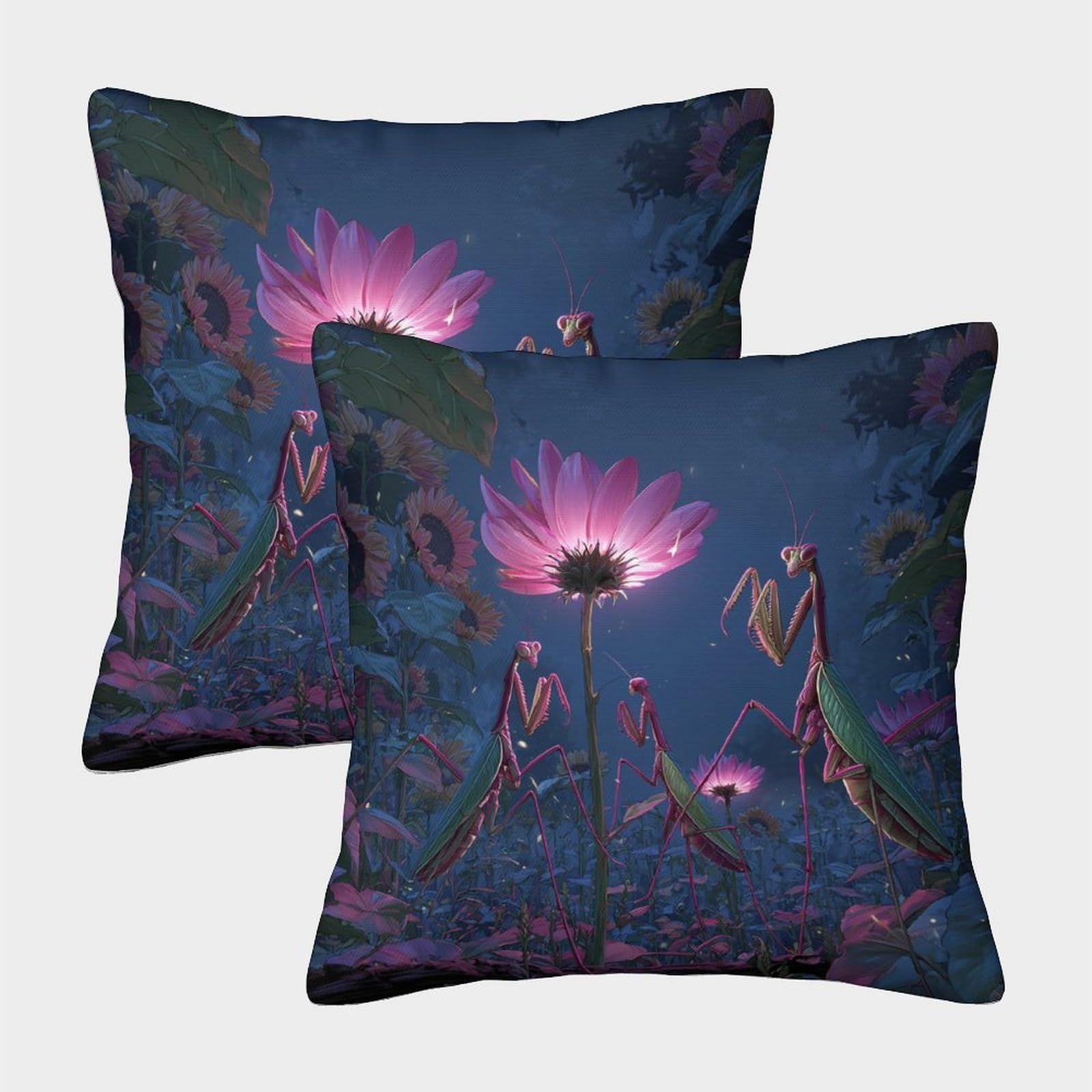 kaiyun 2 Pack Three Praying Mantises, A Pink-glowing Venus Flytrap Luxury Digital Printed Soft 3D Themed Square Cushion Cover 45x45cm